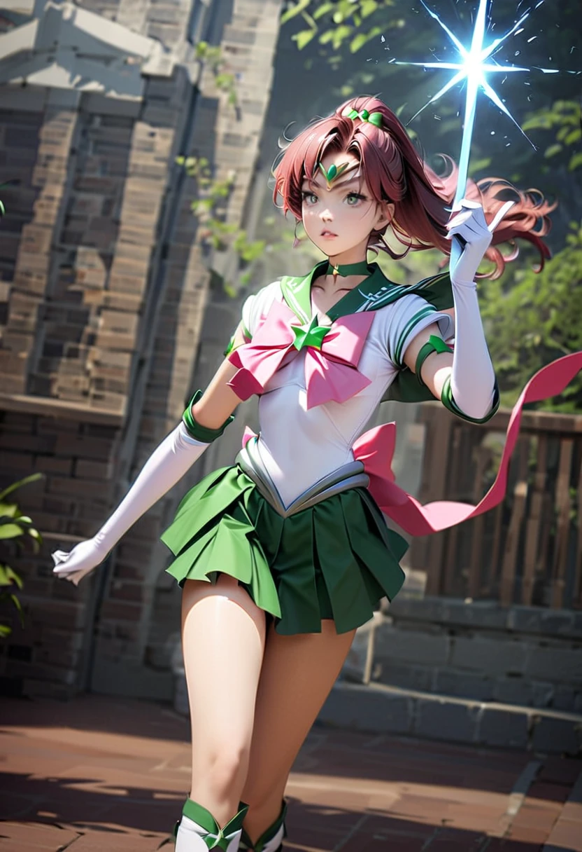 1girl, sailor jupiter, bishoujo senshi sailor moon, elegant detailed eyes, detailed facial features, long eyelashes, beautiful detailed lips, elegant detailed pose, highly detailed, masterpiece, 4k, hyper realistic, photorealistic, cinematic lighting, dynamic composition, intricate details, vibrant colors, soft dreamy atmosphere, magical girl fantasy, full body shot, SailorJupiter, magical girl, sailor senshi uniform, leotard, miniskirt, green skirt