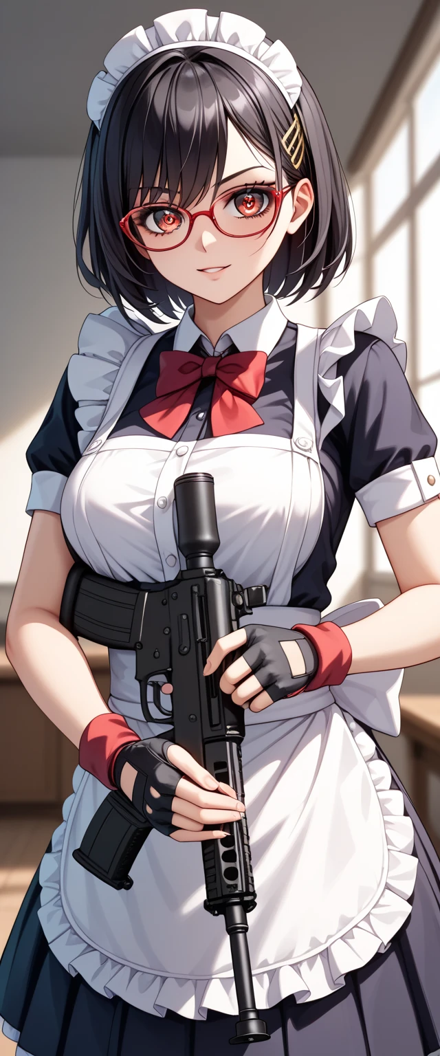 (Perfect Anatomy)、Mastepiece、Ultra High Quality、 8K、Photorealistic、masterpiece、highest quality、Ultra-high resolution、Maximum resolution、Very detailed、Professional Lighting、anime、Adult female、thin、so beautiful、Highly detailed eye、high school girl、Maid clothes、Equipped with an assault rifle、(((Scar L )))、Red Eye、Black Hair、Long hangerless gloves、Red glasses、Join the battlefield alone、Holding a gun with both handovement to protect the master