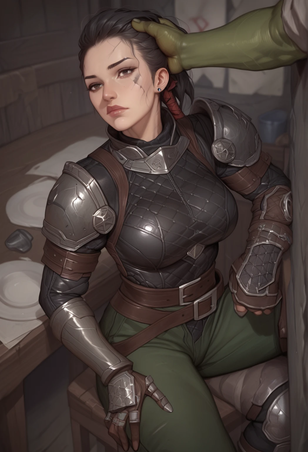8k high resolution, best quality, dutch girl, 22 years old, black hair as a braid, decent makeup, dungeons and dragons light armor, cowardly female novice warrior, standing at the battlefield, scared, shocked, eyes wide open, crying in fear, tears running down her cheeks, smeared makeup, dragon in the backround, terrified, peeing her pants, pee pants accident, visible wet pants, peeing herself, cowardly, totally scared, horrified, visibly wet tight breeches, peestained pants, visibly wet fabric of her pants, unexperienced adventurer