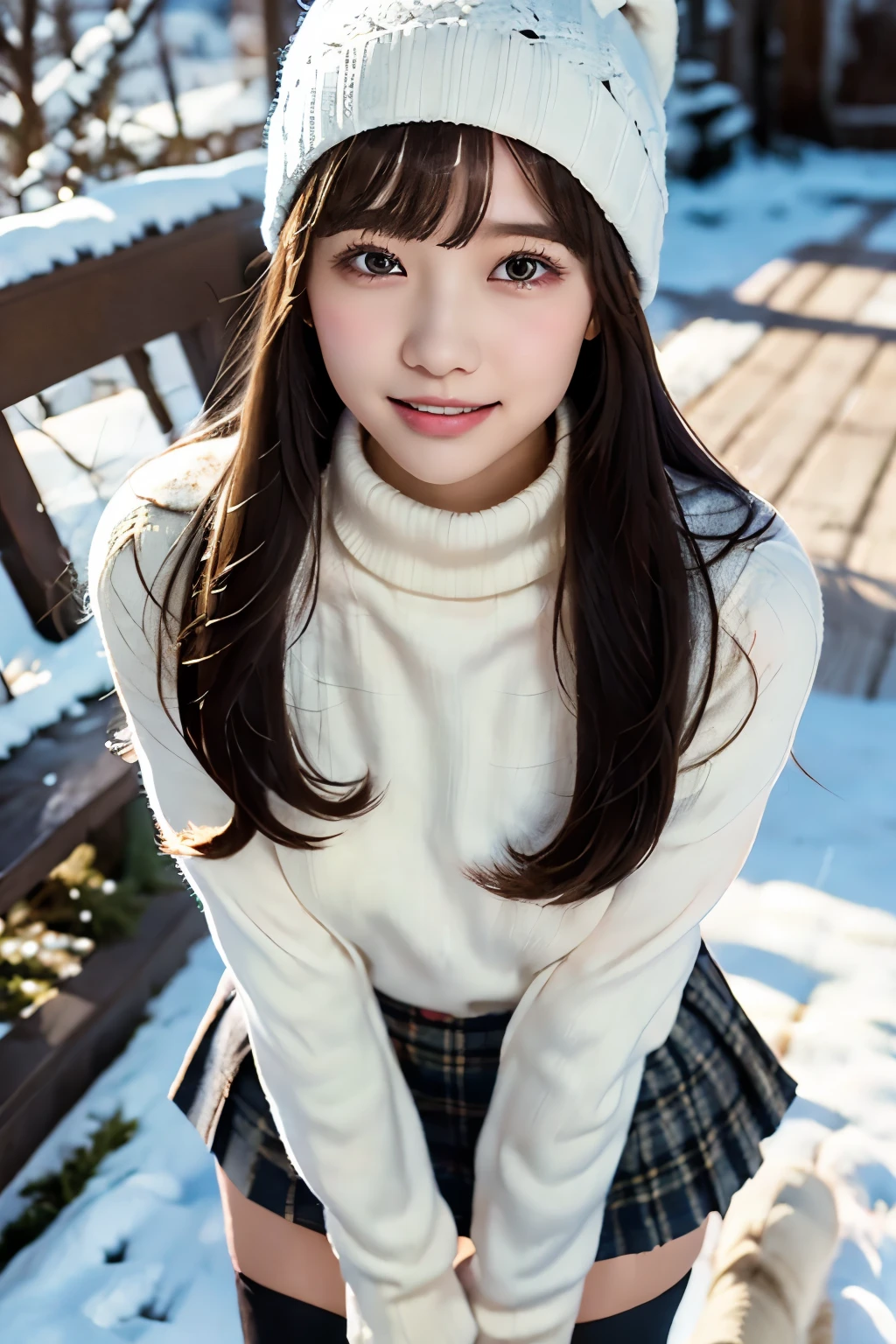 cute beautiful girl 、white knitted hat 、 straight hair、 has bangs、 show your teeth and laugh 、 white turtleneck knitted sweater、 tartan plaid tight mini skirt in a snowy city、 black knee-high boots、 hands in the monastery、雪の降り積もる街なかで