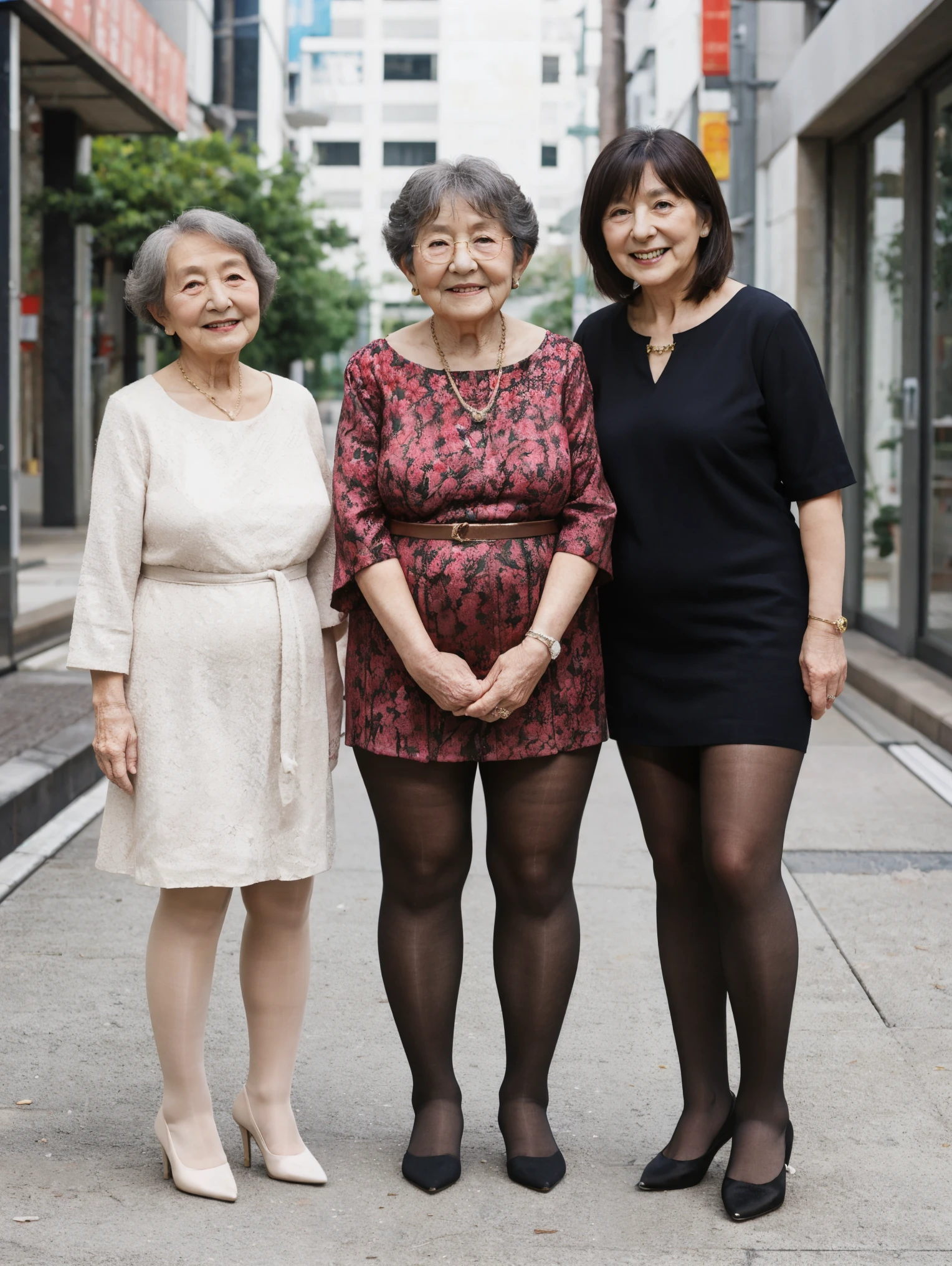 Three people japanese grandma, fat and heavy set, huge fat legs, full body, high heels, big thick legs, sheer tights, short white dress, age 70, grandma , thick thighs, wide hips, smile, standing pose