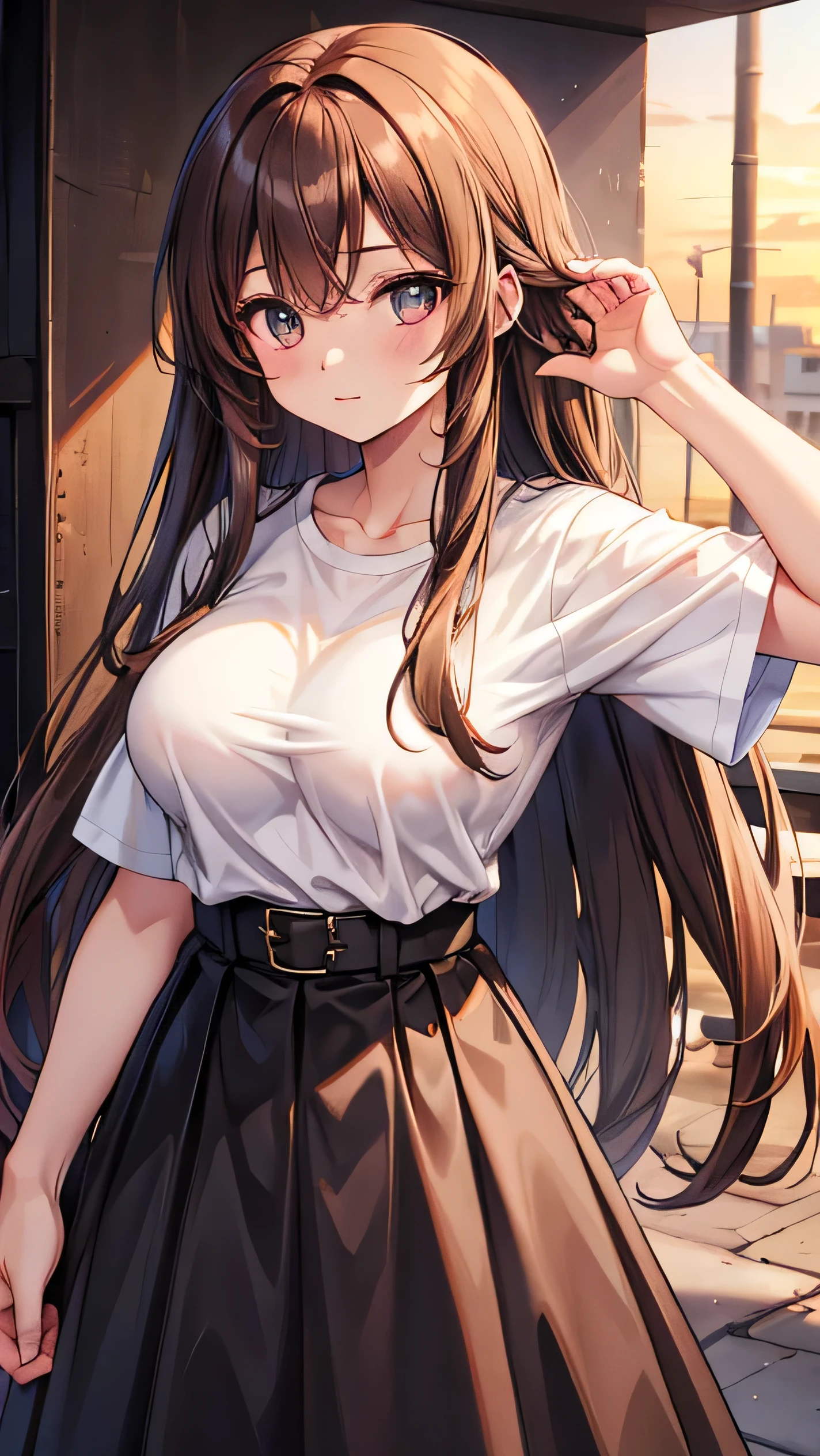 best quality, finely detailed, beautiful, HD, A 23 year old girl, long wavy light brown hair, Brown eyes, Scared with open eyes and with open mouth, looking at her breasts, wet with pink liquid (5) white shirt short-sleeved, black shorts, big breasts, standing dizzy, inside a scientific laboratory with white walls and white floor