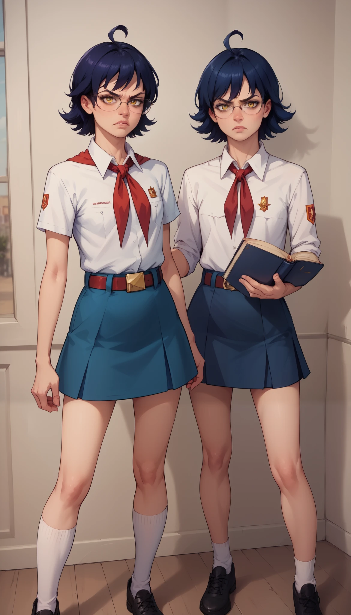 score_9, score_8_up, score_7_up, score_6_up, 8k, high detailed picture, realistic style, masterpiece, very young girl, no panty, perfect absolutely small breasts, disheveled hair, mz, ahoge, short hair, blue hair, yellow eyes, glasses, big brightness eyes, 16k, angry, masterpiece, realistic style, perfect fingers, tomboy, flat chest, circle-glasses, White collared shirt, red neckerchief, blue skirt, belt, white socks, black shoes, AniPnyXLQual, holds a book in her right hand