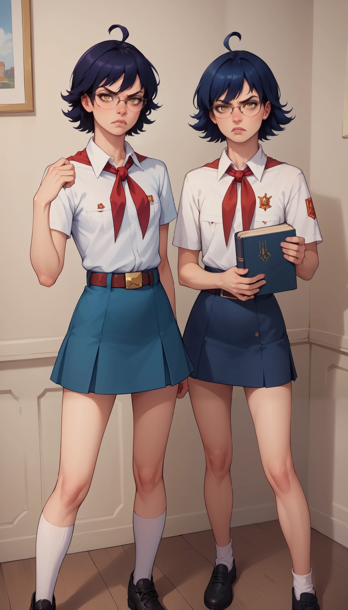 score_9, score_8_up, score_7_up, score_6_up, 8k, high detailed picture, realistic style, masterpiece, very young girl, no panty, perfect absolutely small breasts, disheveled hair, mz, ahoge, short hair, blue hair, yellow eyes, glasses, big brightness eyes, 16k, angry, masterpiece, realistic style, perfect fingers, tomboy, flat chest, circle-glasses, White collared shirt, red neckerchief, blue skirt, belt, white socks, black shoes, AniPnyXLQual, holds a book in her right hand
