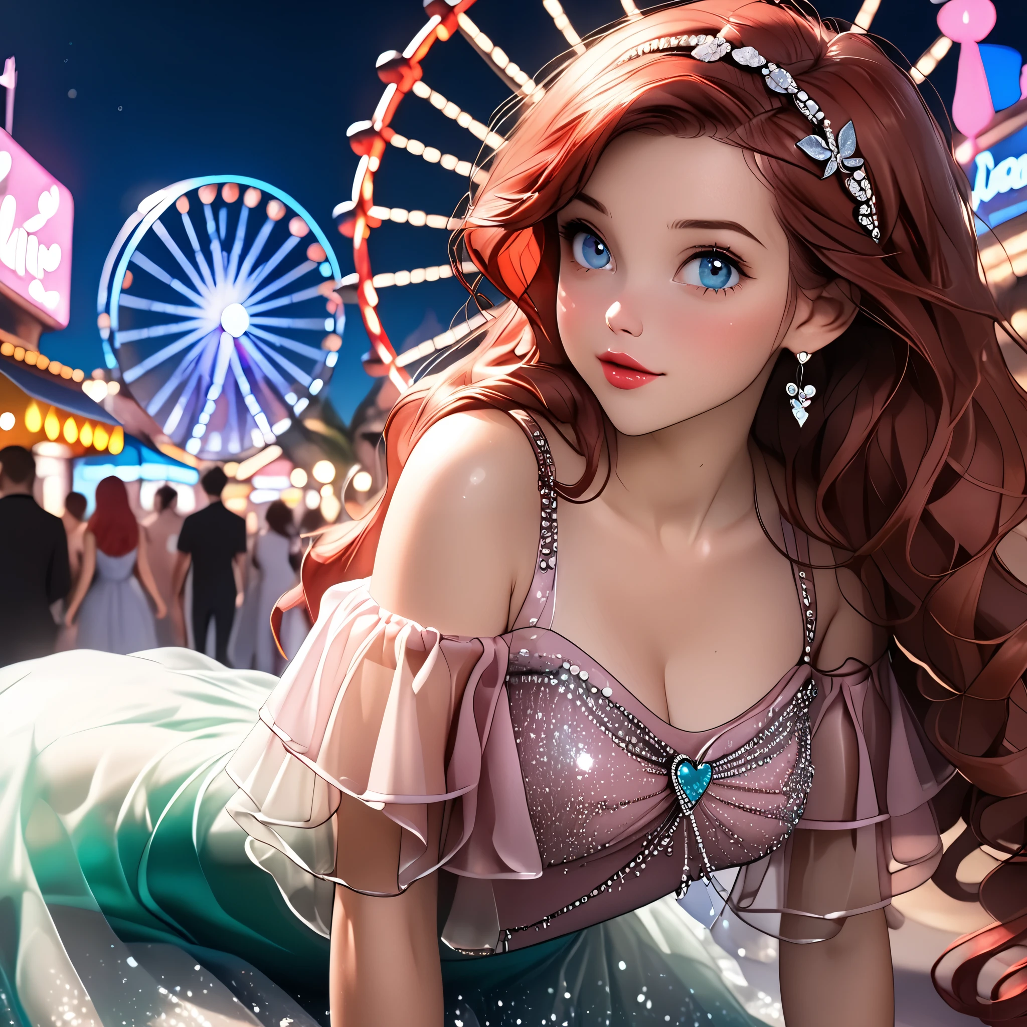 (beautiful girl:1.3),1girl,masterpiece,Highest quality,Ultra-high resolution,rich contrast,super high quality,8k,Highly detailed CG unit wallpaper,texture,Incredibly absurd,Ultra-high resolution,Highest quality anime,professional photograph,an extremely delicate and beautiful,RAW Photos,Depth of Field 1.2,ultra-detailed eyes,Glitter Effect,Beautiful glossy lips, 25years old, gorgeous legs, noise perfect, gorgeous ass, 1girl, gorgeous ass, dynamic pose, sensual woman, seductive woman, mature woman, Milf, maternal, shy look, full body, DisneyAriel, 1girl, red hair, blue eyes, long hair, princess Ariel the little mermaid, (type of photo: medium shot, portraying the person from head to waist), Outfit: A short dusty pink chiffon dress, with ruffles and see-through sleeves. White sneakers with shiny details.
Accessories: A headband with pearls, a small crossbody bag and a heart ring.
Hair and makeup: Half-up hair with loose strands, peach blush and soft pink lips.
Setting: A fair with neon lights, cotton candy in hand and a ferris wheel illuminated in the background.