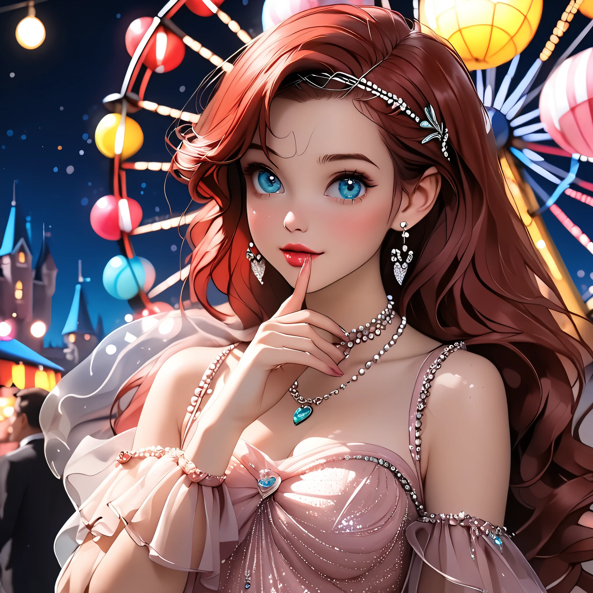 (beautiful girl:1.3),1girl,masterpiece,Highest quality,Ultra-high resolution,rich contrast,super high quality,8k,Highly detailed CG unit wallpaper,texture,Incredibly absurd,Ultra-high resolution,Highest quality anime,professional photograph,an extremely delicate and beautiful,RAW Photos,Depth of Field 1.2,ultra-detailed eyes,Glitter Effect,Beautiful glossy lips, 25years old, gorgeous legs, noise perfect, gorgeous ass, 1girl, gorgeous ass, dynamic pose, sensual woman, seductive woman, mature woman, Milf, maternal, shy look, full body, DisneyAriel, 1girl, red hair, blue eyes, long hair, princess Ariel the little mermaid, (type of photo: medium shot, portraying the person from head to waist), Outfit: A short dusty pink chiffon dress, with ruffles and see-through sleeves. White sneakers with shiny details. Accessories: A headband with pearls, a small crossbody bag and a heart ring. Hair and makeup: Half-up hair with loose strands, peach blush and soft pink lips. Setting: A fair with neon lights, cotton candy in hand and a ferris wheel illuminated in the background.