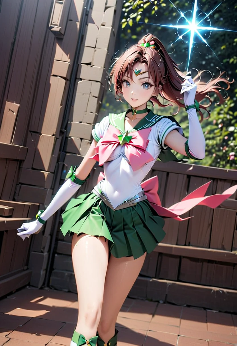  1 girl completely naked, The Holy Warrior Thunder 、 Sailor Jupiter,  Pretty Black and Red Two-tone Hair ,  Elegant Fine Eyes ,   Detailed facial features  , long eyelashes,  lips with beautiful details, Graceful and Detailed Poses ,  very detailed,  Masterpiece, 4K,  women are super real,  photorealistic,  cinematic lighting,   dynamic composition ,  intricate details,  vibrant colors,  dynamic action， Soft, Dreamy Atmosphere ,  Magical Girl fantasy,   full body shot ,  Sailor Jupiter,  Magical Girl、 Green and White Sailor Suit、green collar、 pink ribbon、 choker、 tiara 、（white and green rimmed boots 、 elbow length gloves with white green rims）