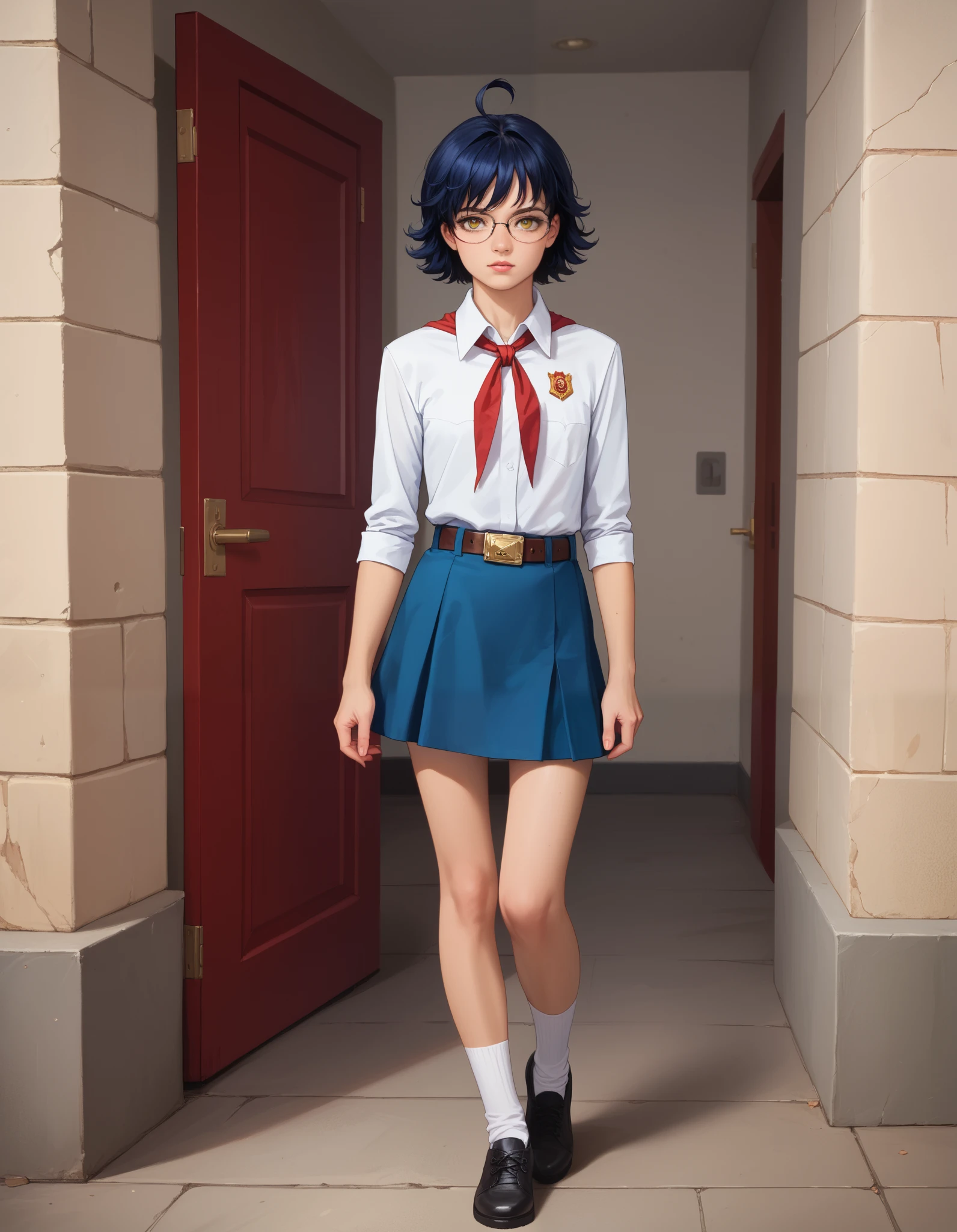 score_9, score_8_up, score_7_up, score_6_up, 8k, high detailed picture, realistic style, masterpiece, very young girl, no panty, perfect absolutely small breasts, disheveled hair, mz, ahoge, short hair, blue hair, yellow eyes, glasses, big brightness eyes, 16k, masterpiece, realistic style, perfect fingers, tomboy, flat chest, circle-glasses, White collared shirt, red neckerchief, blue skirt, belt, white socks, black shoes, AniPnyXLQual, solommay
