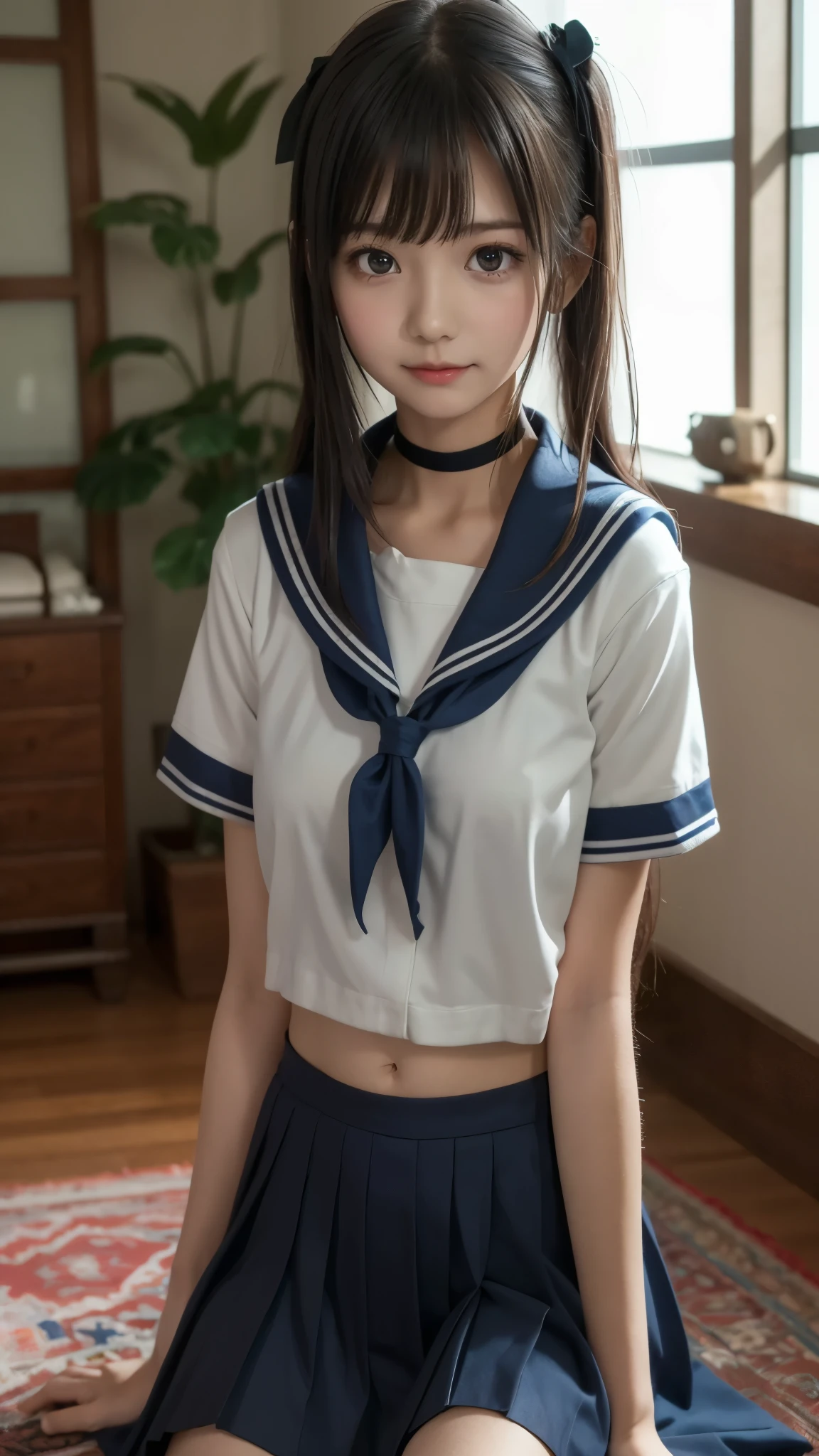 Arab Asian woman in sailor suit sitting on carpet, a super realistic high school girl , wearing Japanese School Uniform, cute high school girl, Sailor uniform, Japanese School Uniform, super realistic high school girl , Japanese High School Girls Uniforms , real-world anime girl , I'm leaving wearing my school uniform , BEAUTIFUL ANIME HIGH SCHOOL GIRL, loose coat collar Sailor uniform, JK uniform , beautiful bust line, ((())), ( detailed hands:1.3, perfect right hand:1.2, fine fingertips down to the smallest detail), slender body line, choker, top quality, best image quality, Masterpiece, photoreality , Ultra-high definition,