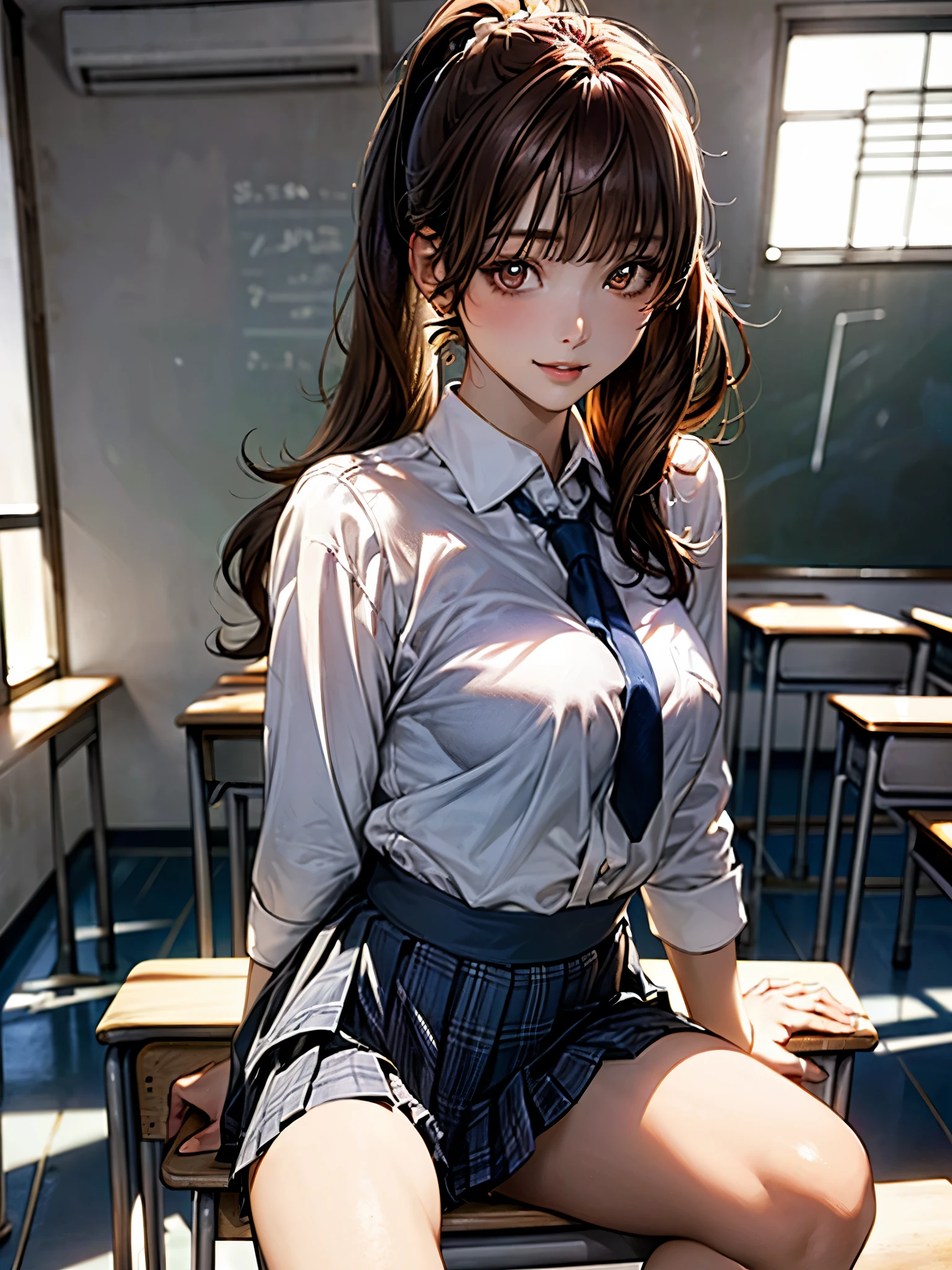 (masterpiece:1.3, top-quality, ultra high res, ultra detailed), (realistic, photorealistic:1.4), beautiful illustration, perfect lighting, natural lighting, colorful, depth of fields, 2025s, ,
beautiful detailed hair, beautiful detailed face, beautiful detailed eyes, (perfect anatomy, anatomically correct, super detailed skin), white skin, shiny skin,
looking at viewer, 1 girl, high school girl, cute and symmetrical face, perfect face, perfect eyes, perfect body, babyface, cute face:1.2, tiny,
(long hair:1.5, ponytail:1.2, long sidelocks, copper tone hair), blunt bangs, gold eyes, long eye lasher, (large breast, seductive thighs), slender,
(detailed cloth texture), break (light grey knit vest, grey plaid pleated micro mini skirt), break (long sleeve white collared shirt), break (navy tie), break
(beautiful scenery), summer, night, detailed background, (school classroom:1.5), (walking, spread legs:1.3), (lovely smile, upper eyes, parted lips),