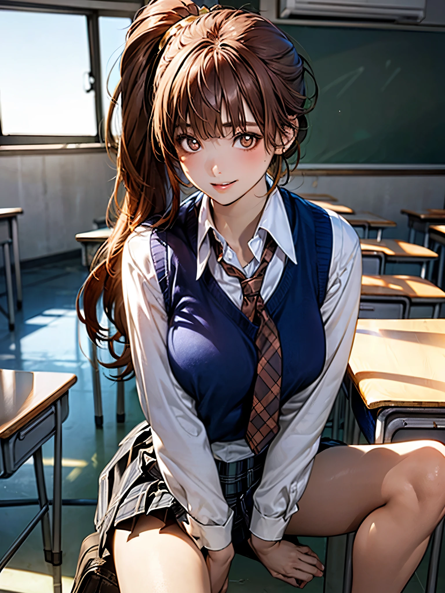 (masterpiece:1.3, top-quality, ultra high res, ultra detailed), (realistic, photorealistic:1.4), beautiful illustration, perfect lighting, natural lighting, colorful, depth of fields, 2025s, ,
beautiful detailed hair, beautiful detailed face, beautiful detailed eyes, (perfect anatomy, anatomically correct, super detailed skin), white skin, shiny skin,
looking at viewer, 1 girl, high school girl, cute and symmetrical face, perfect face, perfect eyes, perfect body, face, cute face:1.2, tiny,
(long hair:1.5, ponytail:1.2, long sidelocks, copper tone hair), blunt bangs, gold eyes, long eye lasher, (large breast, seductive thighs), slender,
(detailed cloth texture), break (light grey knit vest, grey plaid pleated micro mini skirt), break (long sleeve white collared shirt), break (navy tie), break
(beautiful scenery), summer, night, detailed background, (school classroom:1.5), (walking, spread legs:1.3), (lovely smile, upper eyes, parted lips),