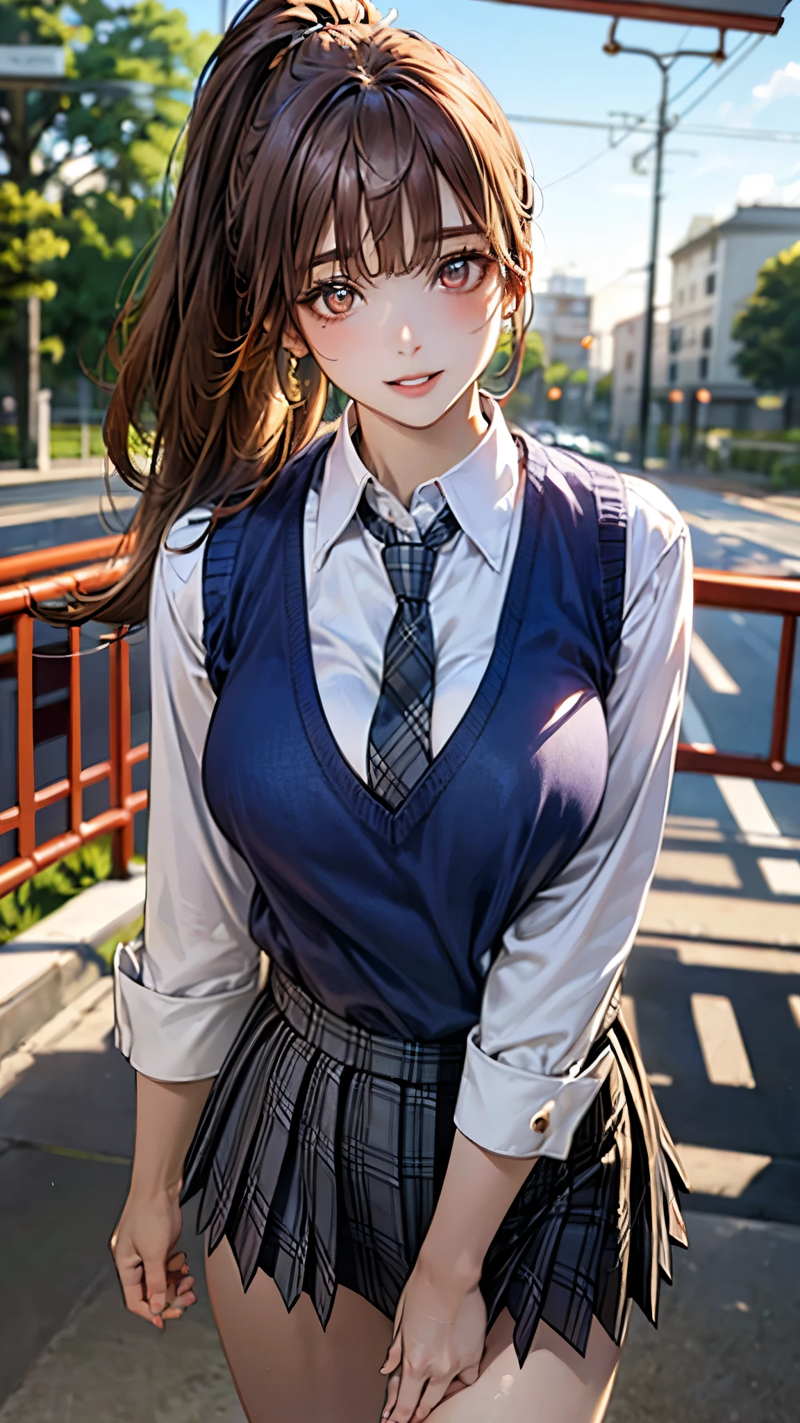 (masterpiece:1.3, top-quality, ultra high res, ultra detailed), (realistic, photorealistic:1.4), beautiful illustration, perfect lighting, natural lighting, colorful, depth of fields, 2025s, , 
beautiful detailed hair, beautiful detailed face, beautiful detailed eyes, (perfect anatomy, anatomically correct, super detailed skin), white skin, shiny skin, 
looking at viewer, 1 girl, high school girl, cute and symmetrical face, perfect face, perfect eyes, perfect body, face, cute face:1.2, tiny, 
(long hair:1.5, ponytail:1.2, long sidelocks, copper tone hair), blunt bangs, gold eyes, long eye lasher, (large breast, seductive thighs), slender, 
(detailed cloth texture), break (light grey knit vest, grey plaid pleated micro mini skirt), break (long sleeve white collared shirt), break (navy tie), break 
(beautiful scenery), summer, night, detailed background, (school gate:1.5), (walking, spread legs:1.3), (lovely smile, upper eyes, parted lips), 