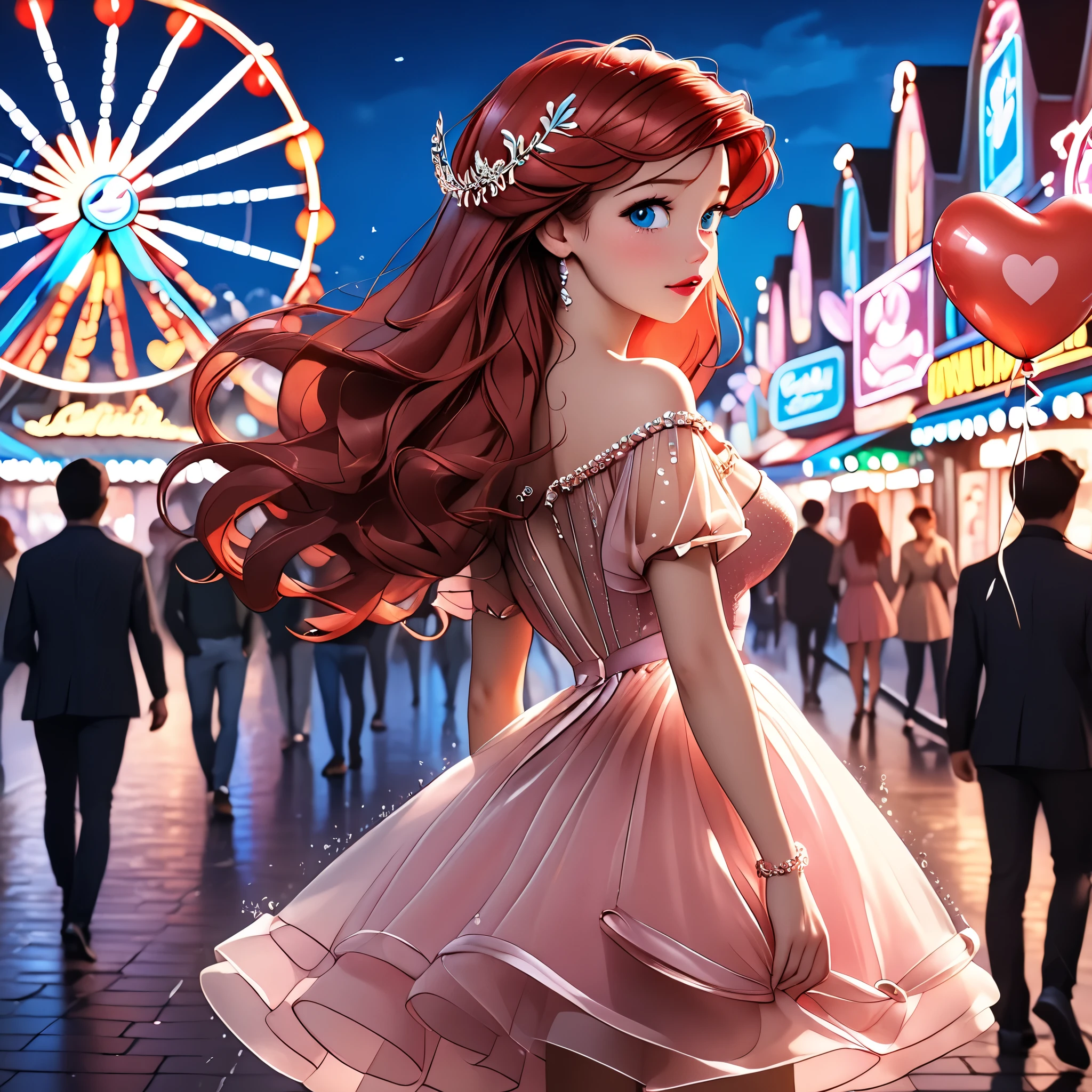 (beautiful girl:1.3),1girl,masterpiece,Highest quality,Ultra-high resolution,rich contrast,super high quality,8k,Highly detailed CG unit wallpaper,texture,Incredibly absurd,Ultra-high resolution,Highest quality anime,professional photograph,an extremely delicate and beautiful,RAW Photos,Depth of Field 1.2,ultra-detailed eyes,Glitter Effect,Beautiful glossy lips, 25years old, gorgeous legs, noise perfect, gorgeous ass, 1girl, gorgeous ass, dynamic pose, sensual woman, seductive woman, mature woman, Milf, maternal, shy look, full body, DisneyAriel, 1girl, red hair, blue eyes, long hair, princess Ariel the little mermaid, (type of photo: medium shot, portraying the person from head to waist), Outfit: A short dusty pink chiffon dress, with ruffles and see-through sleeves. White sneakers with shiny details. Accessories: A headband with pearls, a small crossbody bag and a heart ring. Hair and makeup: Half-up hair with loose strands, peach blush and soft pink lips. Setting: A fair with neon lights, cotton candy in hand and a ferris wheel illuminated in the background. standing on a street illuminated by neon lights. She is holding a red heart-shaped balloon, while on the nearby table is a box of chocolates with a red bow. His look is tender and in love, 