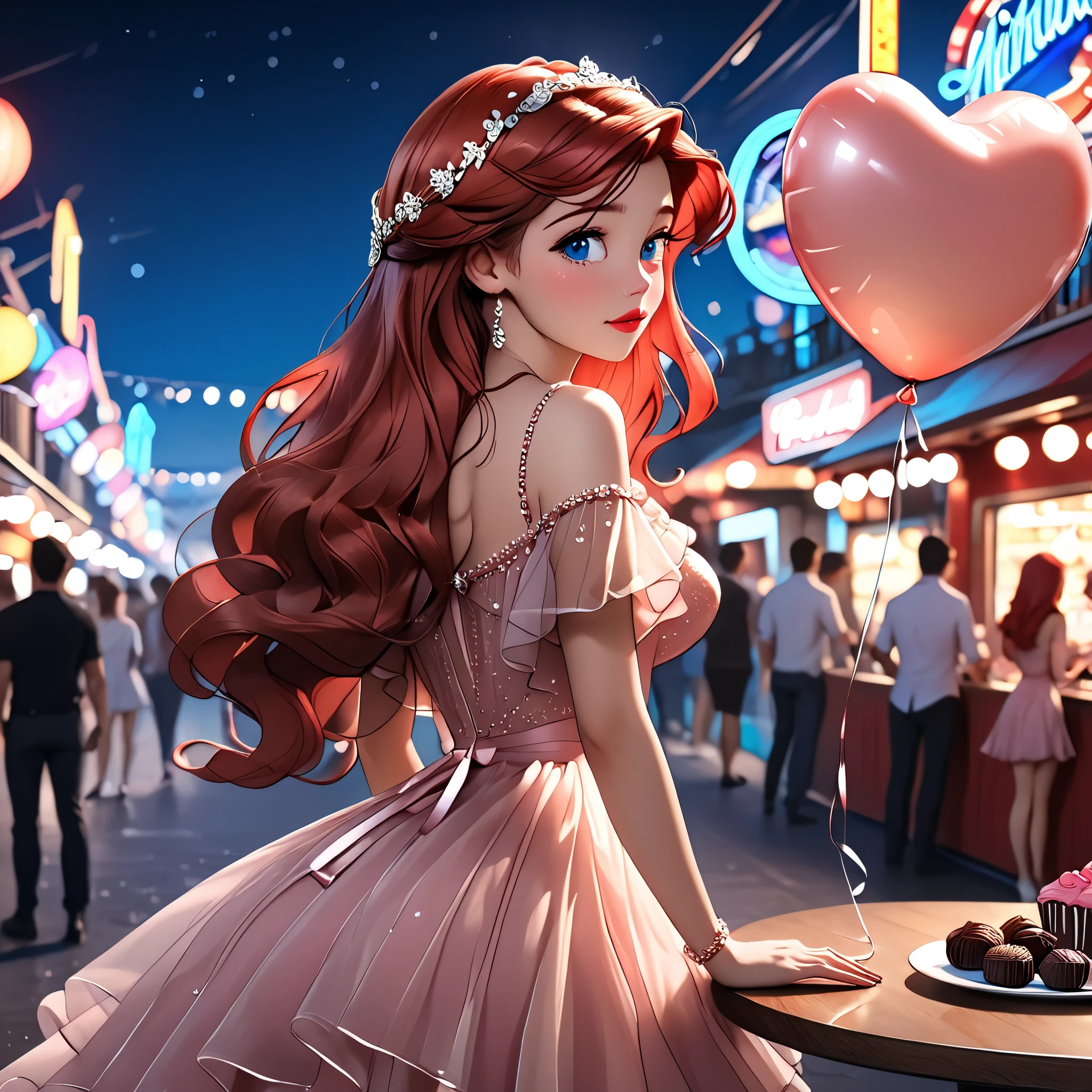 (beautiful girl:1.3),1girl,masterpiece,Highest quality,Ultra-high resolution,rich contrast,super high quality,8k,Highly detailed CG unit wallpaper,texture,Incredibly absurd,Ultra-high resolution,Highest quality anime,professional photograph,an extremely delicate and beautiful,RAW Photos,Depth of Field 1.2,ultra-detailed eyes,Glitter Effect,Beautiful glossy lips, 25years old, gorgeous legs, noise perfect, gorgeous ass, 1girl, gorgeous ass, dynamic pose, sensual woman, seductive woman, mature woman, Milf, maternal, shy look, full body, DisneyAriel, 1girl, red hair, blue eyes, long hair, princess Ariel the little mermaid, (type of photo: medium shot, portraying the person from head to waist), Outfit: A short dusty pink chiffon dress, with ruffles and see-through sleeves. White sneakers with shiny details. Accessories: A headband with pearls, a small crossbody bag and a heart ring. Hair and makeup: Half-up hair with loose strands, peach blush and soft pink lips. Setting: A fair with neon lights, cotton candy in hand and a ferris wheel illuminated in the background. standing on a street illuminated by neon lights. She is holding a red heart-shaped balloon, while on the nearby table is a box of chocolates with a red bow. His look is tender and in love,