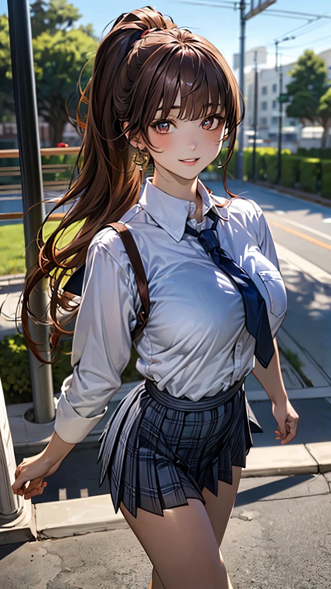 (masterpiece:1.3, top-quality, ultra high res, ultra detailed), (realistic, photorealistic:1.4), beautiful illustration, perfect lighting, natural lighting, colorful, depth of fields, 2025s, , 
beautiful detailed hair, beautiful detailed face, beautiful detailed eyes, (perfect anatomy, anatomically correct, super detailed skin), white skin, shiny skin, 
looking at viewer, 1 girl, high school girl, cute and symmetrical face, perfect face, perfect eyes, perfect body, face, cute face:1.2, tiny, 
(long hair:1.5, ponytail:1.2, long sidelocks, copper tone hair), blunt bangs, gold eyes, long eye lasher, (large breast, seductive thighs), slender, 
(detailed cloth texture), break (light grey knit vest, grey plaid pleated micro mini skirt), break (long sleeve white collared shirt), break (navy tie), break 
(beautiful scenery), summer, night, detailed background, (school gate:1.5), (walking, spread legs:1.3), (lovely smile, upper eyes, parted lips), 