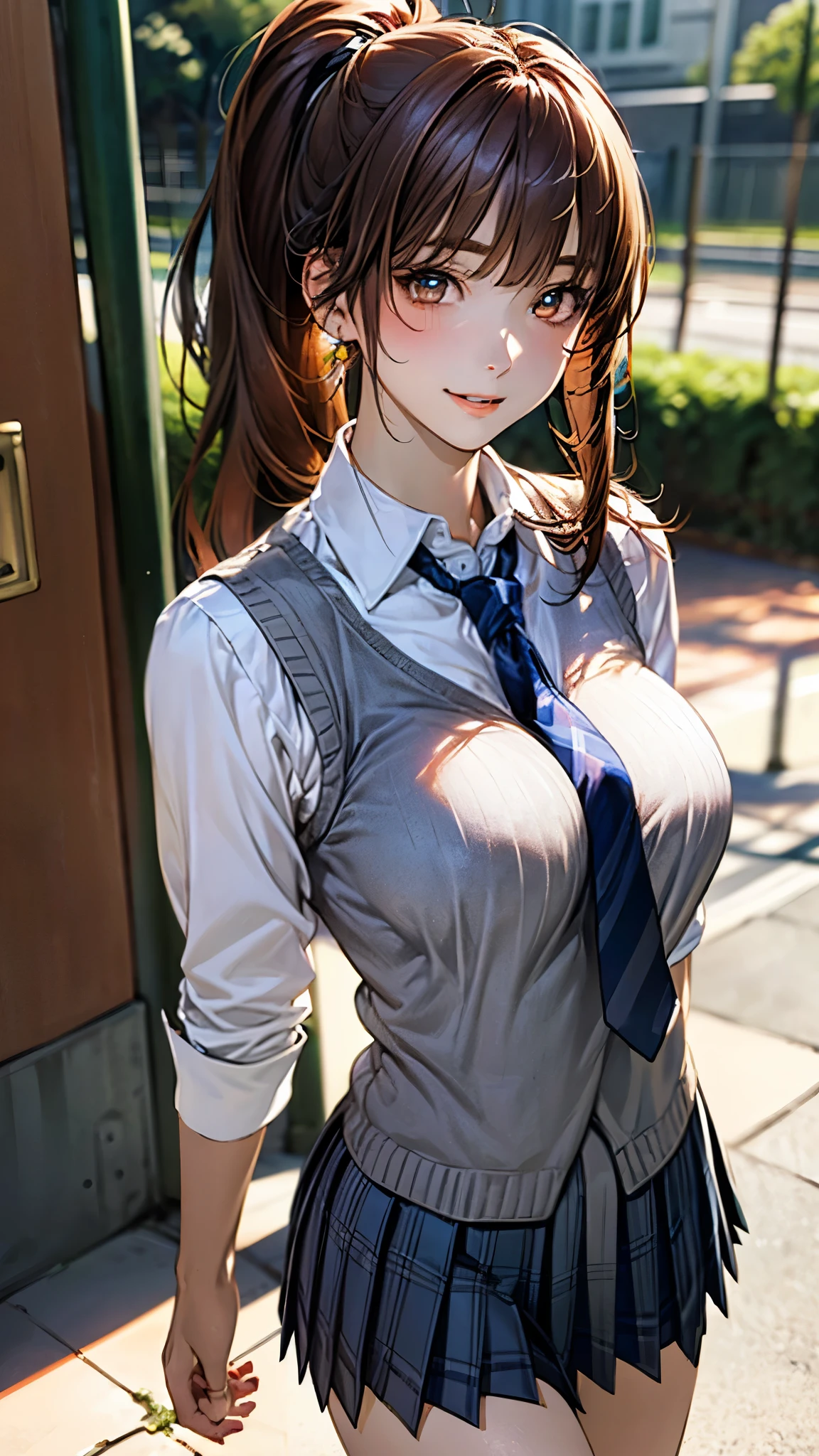 (masterpiece:1.3, top-quality, ultra high res, ultra detailed), (realistic, photorealistic:1.4), beautiful illustration, perfect lighting, natural lighting, colorful, depth of fields, 2025s, ,
beautiful detailed hair, beautiful detailed face, beautiful detailed eyes, (perfect anatomy, anatomically correct, super detailed skin), white skin, shiny skin,
looking at viewer, 1 girl, high school girl, cute and symmetrical face, perfect face, perfect eyes, perfect body, face, cute face:1.2, tiny,
(long hair:1.5, ponytail:1.2, long sidelocks, copper tone hair), blunt bangs, gold eyes, long eye lasher, (large breast, seductive thighs), slender,
(detailed cloth texture), break (light grey knit vest, grey plaid pleated micro mini skirt), break (long sleeve white collared shirt), break (navy tie), break
(beautiful scenery), summer, night, detailed background, (school gate:1.5), (walking, spread legs:1.3), (lovely smile, upper eyes, parted lips),
