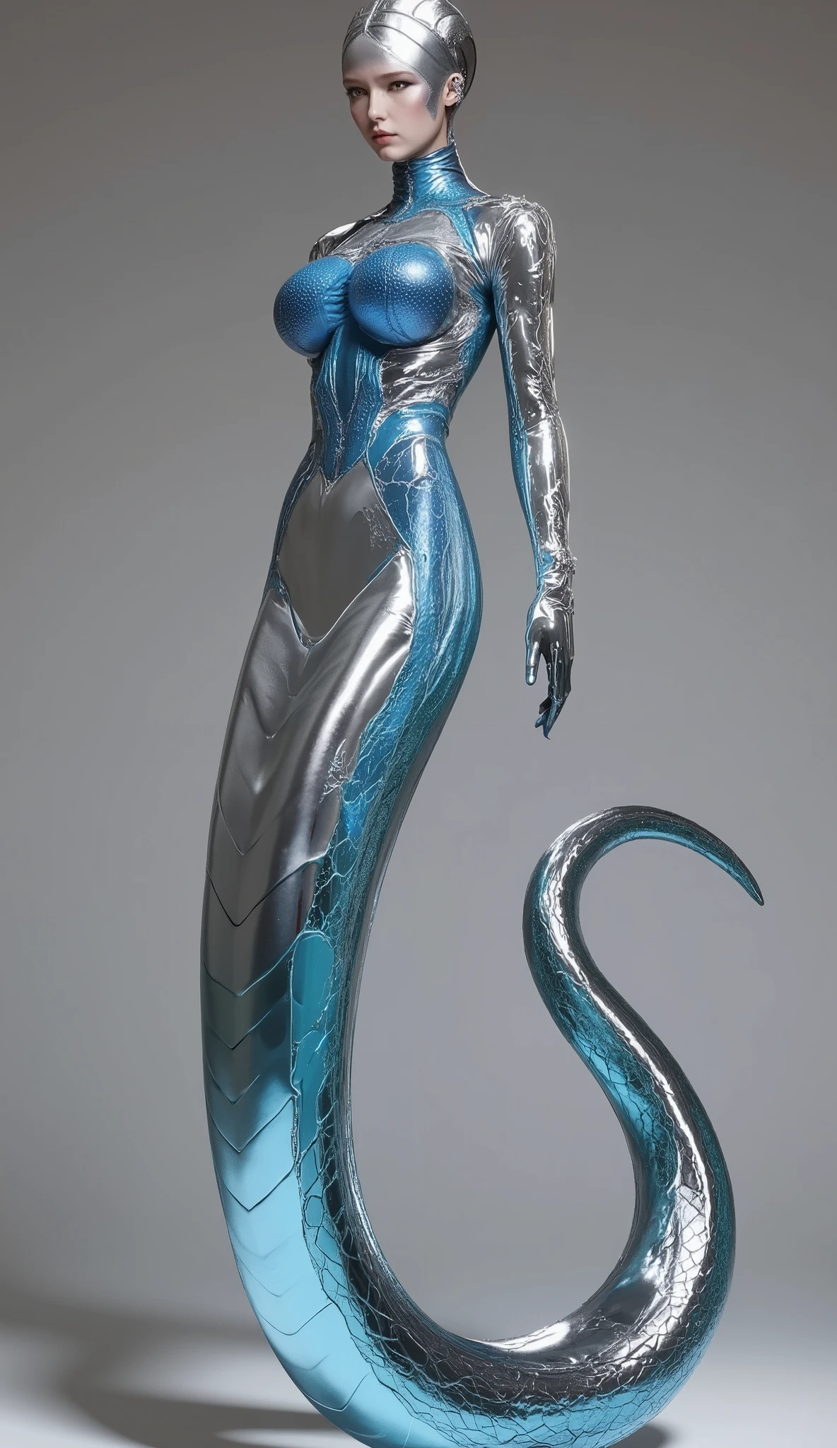 A Snake Woman made of liquid mercury, inspired by cyberpunk aesthetics, featuring a reflective surface in chrome silver and metallic neon blue. Rendered in an ultra-realistic, high-quality style with intricate details and smooth, fluid textures, evoking a futuristic and dynamic aesthetic.a serpent-like lower body.Her upper body is human, but her lower body is serpent-like.