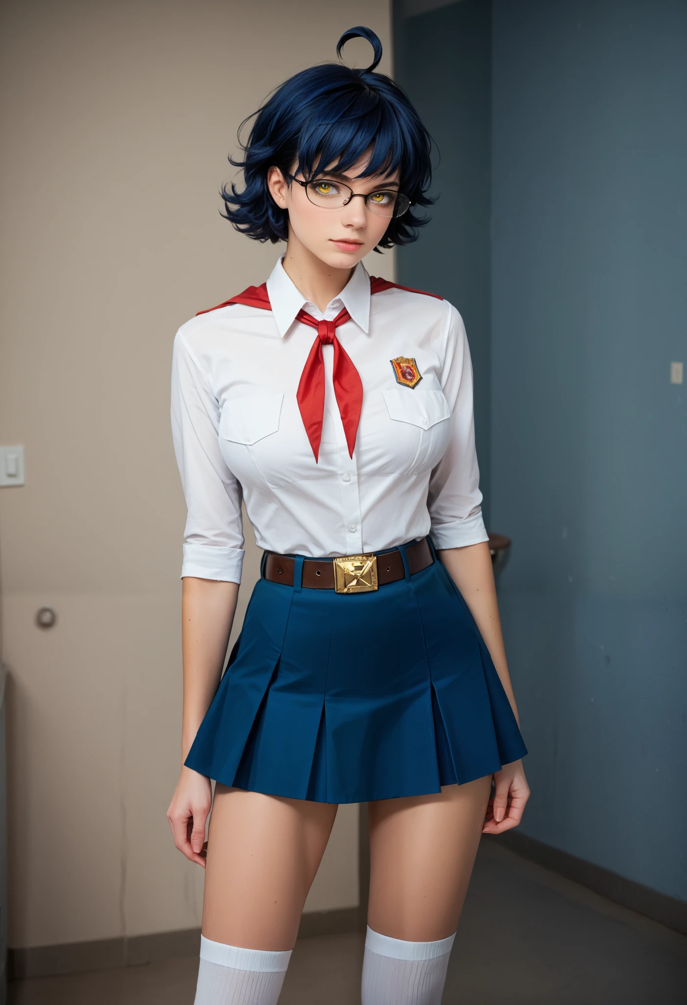 score_9, score_8_up, score_7_up, score_6_up, 8k, high detailed picture, realistic style, masterpiece, very young girl, no panty, perfect big breasts, disheveled hair, mz, ahoge, short hair, blue hair, yellow eyes, glasses, big brightness eyes, 16k, masterpiece, realistic style, perfect fingers, tomboy, circle-glasses, White collared shirt, red neckerchief, blue skirt, belt, white socks, black shoes, AniPnyXLQual, solommay