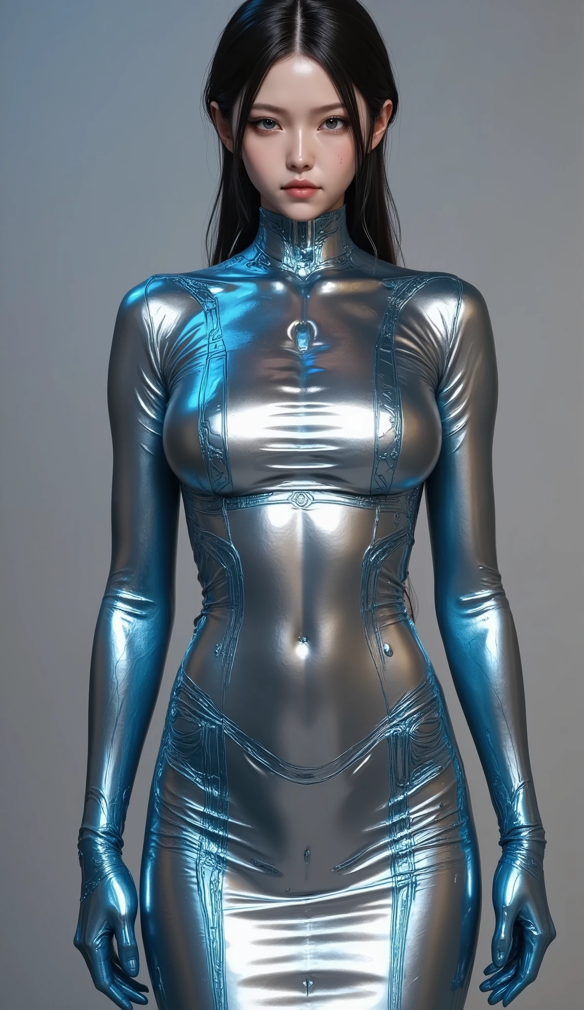 A Snake Woman made of liquid mercury, inspired by cyberpunk aesthetics, featuring a reflective surface in chrome silver and metallic neon blue. Rendered in an ultra-realistic, high-quality style with intricate details and smooth, fluid textures, evoking a futuristic and dynamic aesthetic.a serpent-like lower body.Her upper body is human, but her lower body is serpent-like.