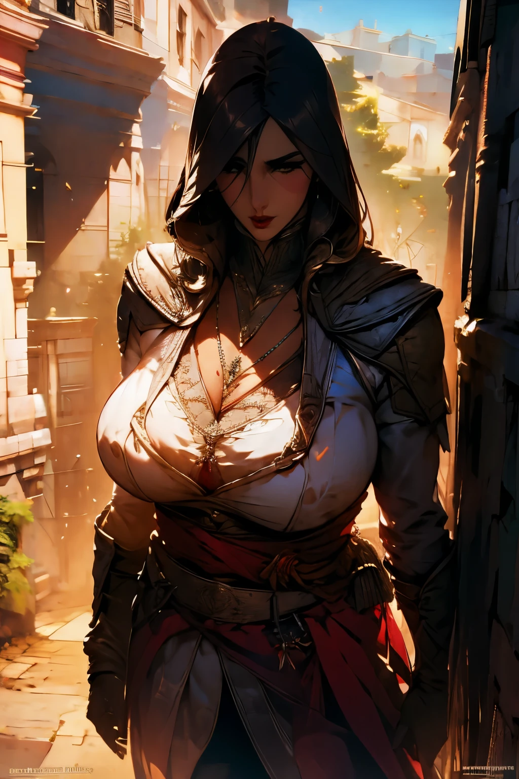 La mujer, ((poca ropa, capa, cloack)), gargantilla, chocker, botas hasta la rodillas,medias, stockings)), cathedral, muy detallado, night, Realistic long-term photography, 4k, pelo largo, brown hair, By the chestnut, labios rojos, sexy,red lips, brown eyes, big breasts, pechos grandes, Lucia Auditore