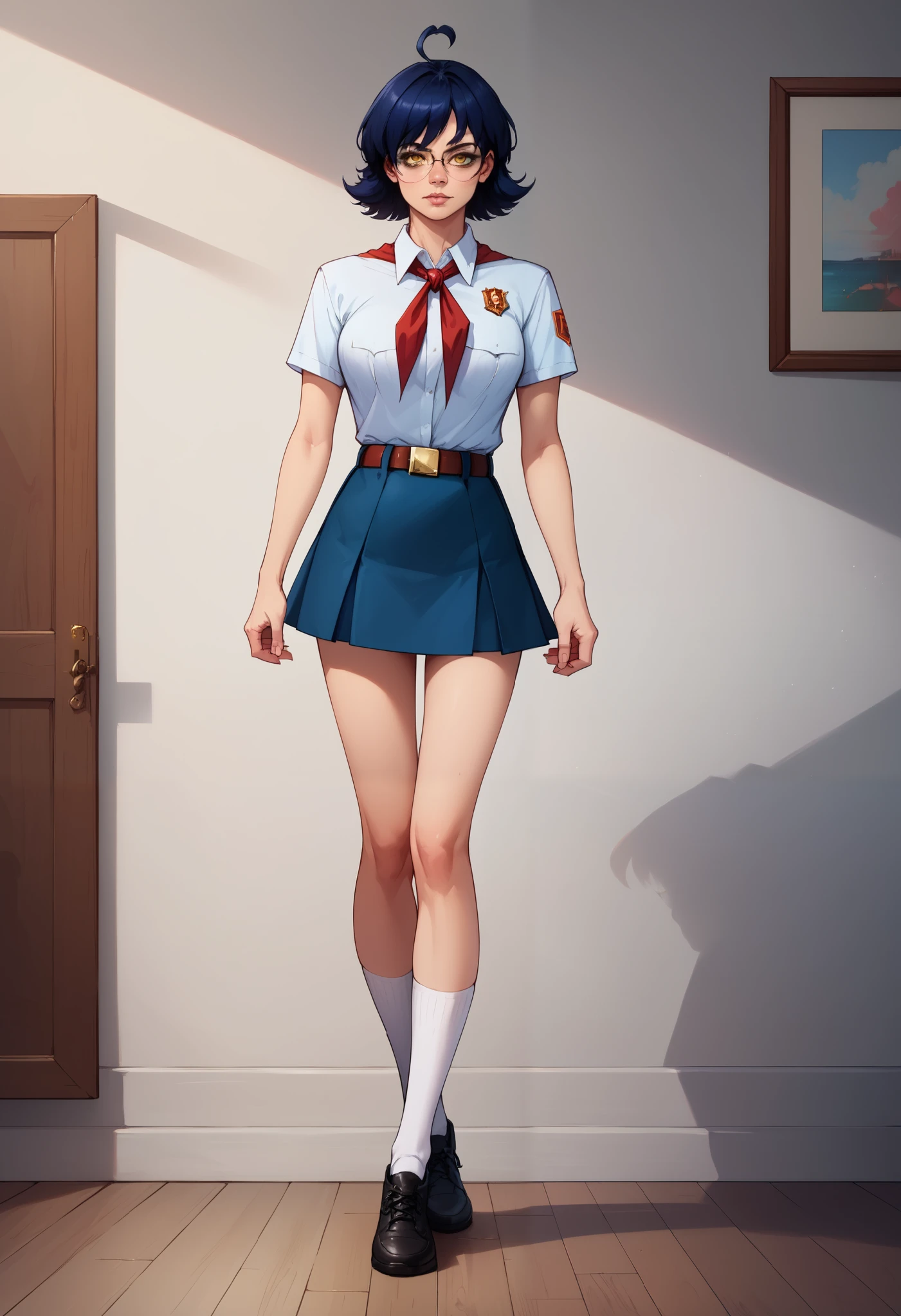 score_9, score_8_up, score_7_up, score_6_up, 8k, high detailed picture, realistic style, masterpiece, very young girl, no panty, perfect big breasts, disheveled hair, mz, ahoge, short hair, blue hair, yellow eyes, glasses, big brightness eyes, 16k, masterpiece, realistic style, perfect fingers, tomboy, circle-glasses, White collared shirt, red neckerchief, blue skirt, belt, white socks, black shoes, AniPnyXLQual, solommay