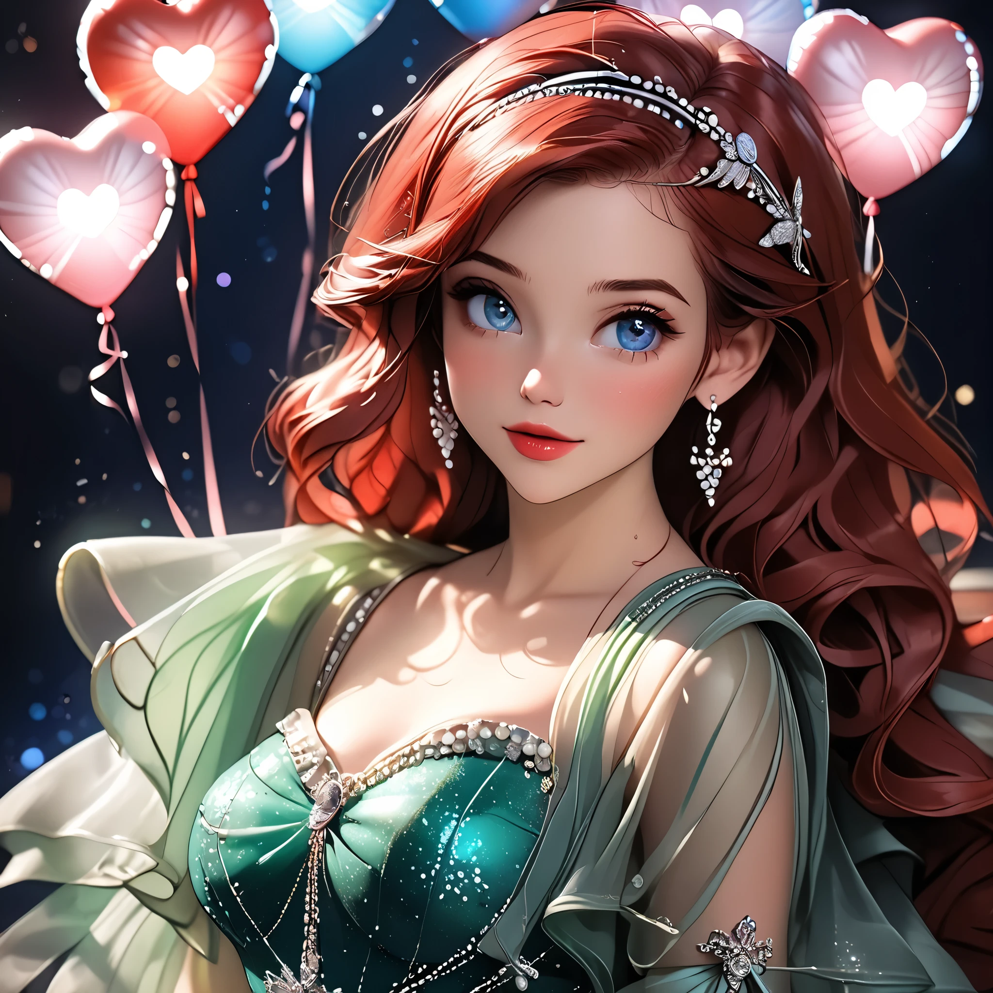 (beautiful girl:1.3),1girl,masterpiece,Highest quality,Ultra-high resolution,rich contrast,super high quality,8k,Highly detailed CG unit wallpaper,texture,Incredibly absurd,Ultra-high resolution,Highest quality anime,professional photograph,an extremely delicate and beautiful,RAW Photos,Depth of Field 1.2,ultra-detailed eyes,Glitter Effect,Beautiful glossy lips, 25years old, gorgeous legs, noise perfect, gorgeous ass, 1girl, gorgeous ass, dynamic pose, sensual woman, seductive woman, mature woman, Milf, maternal, shy look, full body, DisneyAriel, 1girl, red hair, blue eyes, long hair, princess Ariel the little mermaid, (type of photo: medium shot, portraying the person from head to waist), Outfit: A short dusty pink chiffon dress, with ruffles and see-through sleeves. White sneakers with shiny details. Accessories: A headband with pearls, a small crossbody bag and a heart ring. Hair and makeup: Half-up hair with loose strands, peach blush and soft pink lips. Setting: A fair with neon lights, She is holding a teddy bear with a red bow and several heart balloons float around her. His eyes reflect love and sweetness
