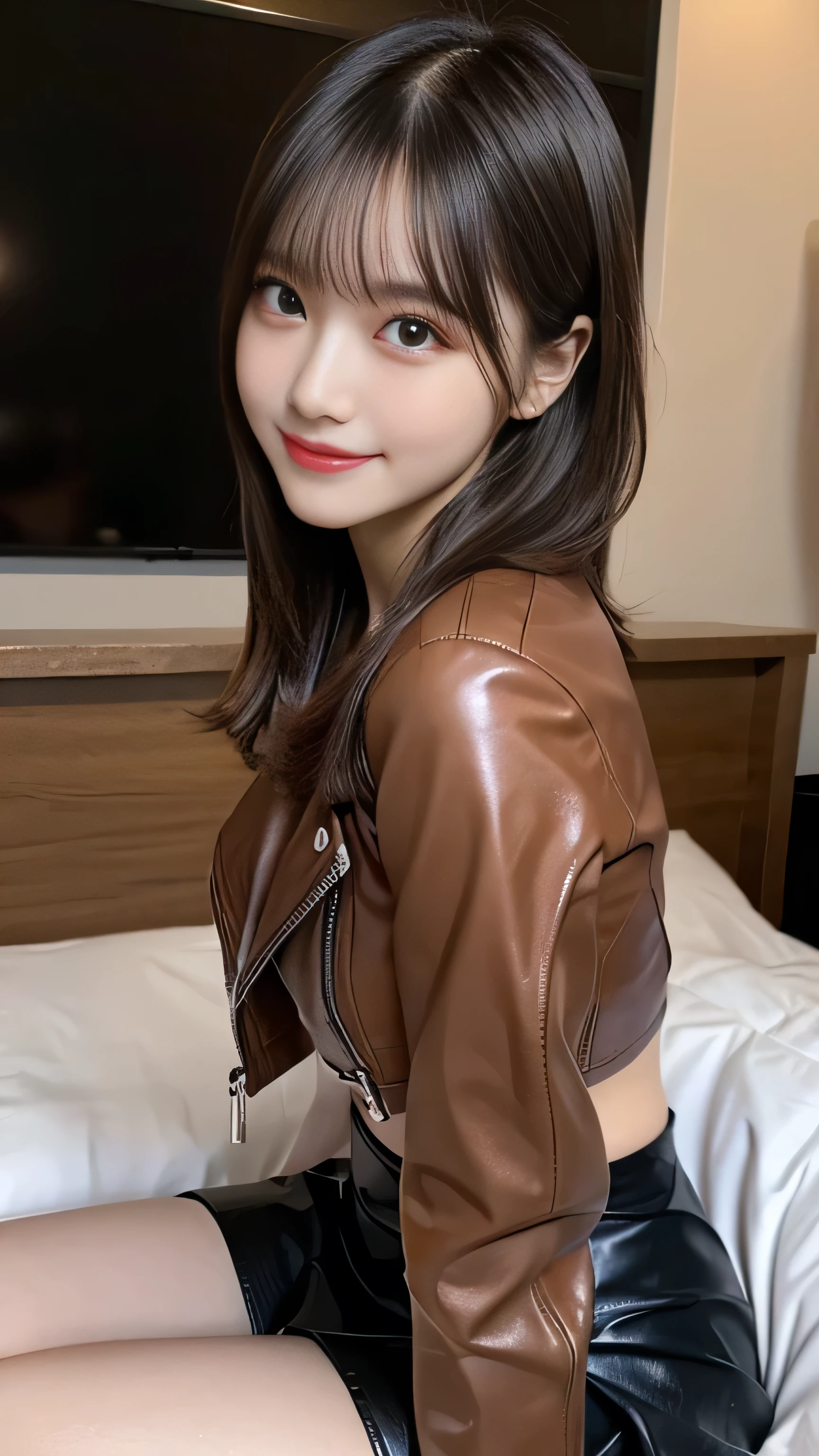 front view:1.5, large breast:1.4, full body photo,((focus on crotch)), genuine leather inner tube top, she is in a room,standing by the bed, one girl, High resolution ,blonde hair, Light Hair Color, sexy, Beautiful eyelashes ,High resolution ,Zoom out ,20-year-old ,Highest quality ,Very detailed ,Finer details ,High resolution ,8k wallpaper ,Beautiful eyes in every detail ,Natural lip color ,very beautiful:1.5, Full body,front view:1.5,gazing camera, (riders leather thick Jacket,knee high boots, very high gloss,brown leather pleated mini thick skirt, Little Devil Smile), curvy thighs:1.5, (a beauty girl, delicate girl:1.3), break, very fine eyes, (symmetrical eyes:1.3), break,brown eyes, parted bangs,best smile, break, (eyes and faces with detailed:1.3), break, (masterpiece, best quality, ultra detailed, detailed face, 8k)