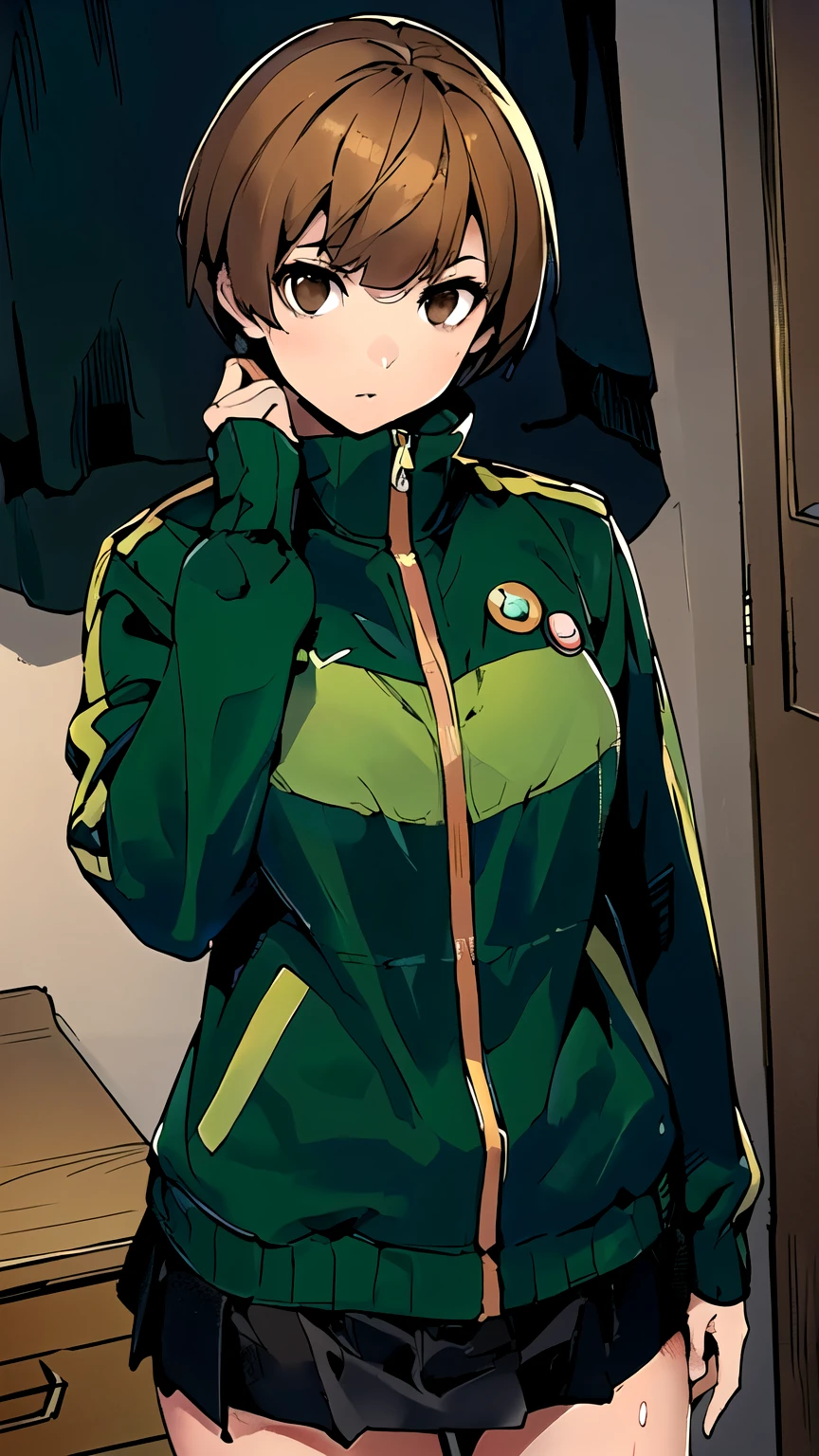 (masterpiece,best quality)),{ DATE_artstyle_LoRA(1.2( : Manga_Style } {horror_edit} { } { :{ chie satonaka, short hair, brown hair, (brown eyes:1.5), perfectly_shaped_breast: perfectly_slender_body : } { : skirt, jacket,, track jacket, badge, button badge, green jacket,, }} {standing : obedient : hands_behind_head } { no_emotion : hypnotic_eyes : hypnotized_eyes : lazy_eyes} { sweating : } { : room : dark : }