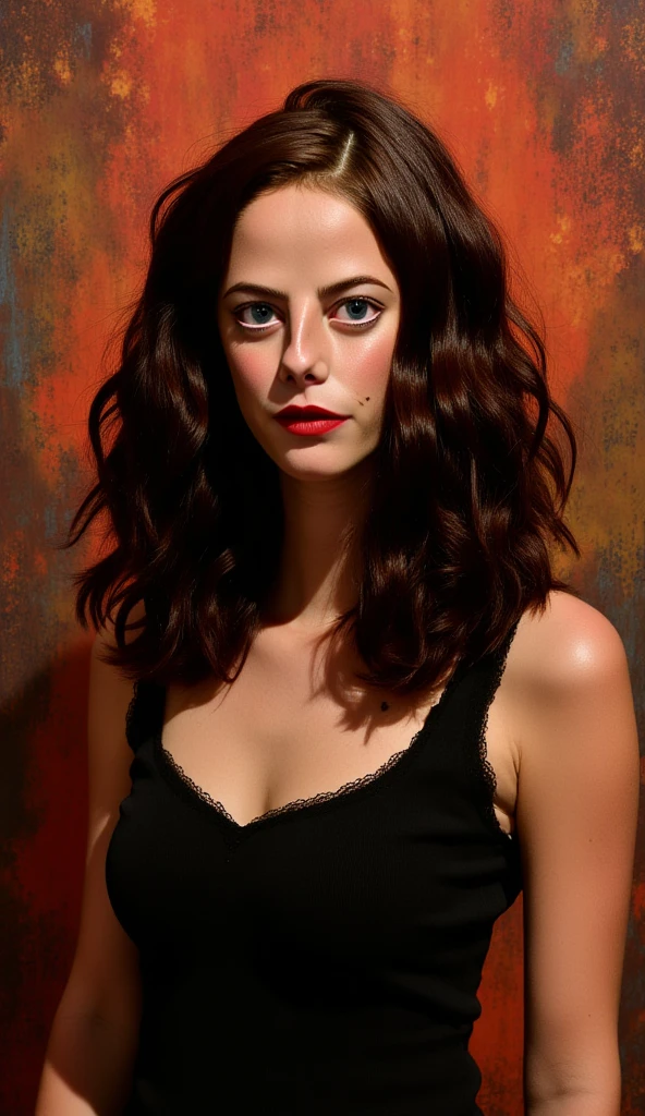 Kaya Scodelario, full body, standing confidently, painted in a dramatic digital art style. Her long, wavy dark brown hair flows wildly, Her oval-shaped face is softly illuminated, drawing attention to her striking, piercing blue eyes that glow with intensity and emotion, like shards of ice against the warm backdrop. Her fair skin contrasts with the deep shadows and textured brushstrokes of the background, which blends abstract forms in rich reds, oranges, and dark tones. Her lips, painted a deep crimson, add to her aura of strength and mystery. The composition captures raw passion and surreal beauty, with the interplay of light and shadow enhancing her tall, slender frame and exuding a powerful, dreamlike presence