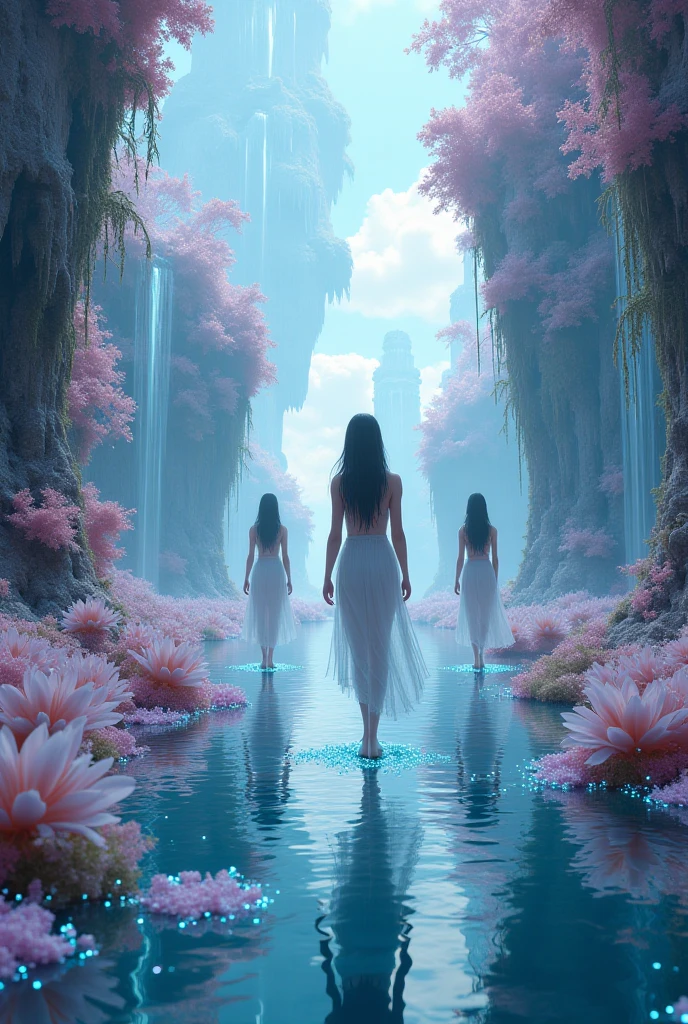 In ancient China during the Tang Dynasty, a naked young woman and her naked younger sister stand looking at a clear and inviting waterfall.