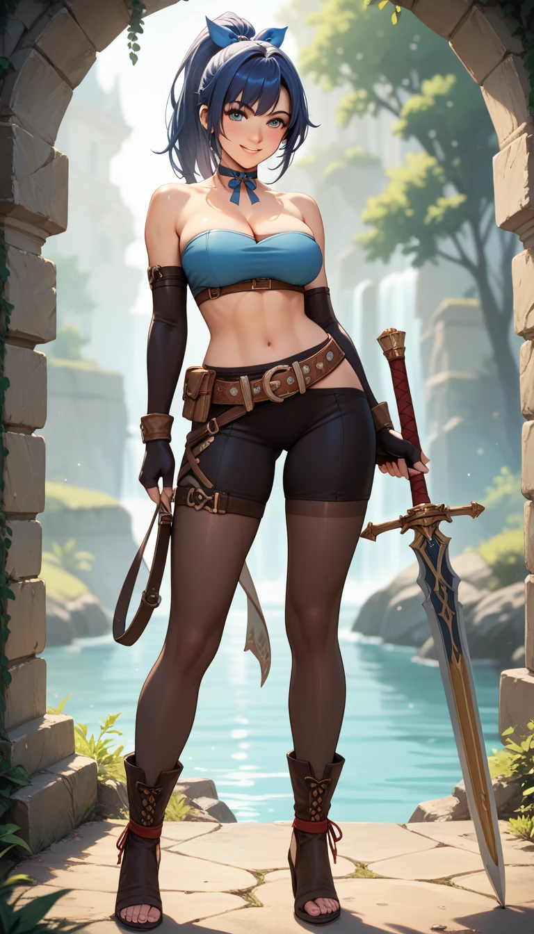 Masterpieces, best quality, perfect, wood, indoors, forest, elf, sfw,26 years old, mature woman, leather, small ears, blushing, freckles, facing viewer, brown hair, full body, archer, long torso, mouth open, glossy lips, large waist, thick thighs, Standing up in cabin , facing viewer, thigh high socks, hourglass shape, slim waist, thigh gap, cleavege, adult woman, cleavege window, large breasts, beautiful background, perfect landscape, the most peacefull place you've ever been, a welcoming woman, lush pastures, leg strap, leg holster, belt, hunger games, holding wooden bow, holding fancy elf bow, milf, thigh boots held up by leather waist strap, cleavege cutout, Beautiful waterfall visibal through window, holding throwing knifes, hair tied up in messy bun, sharp eyes