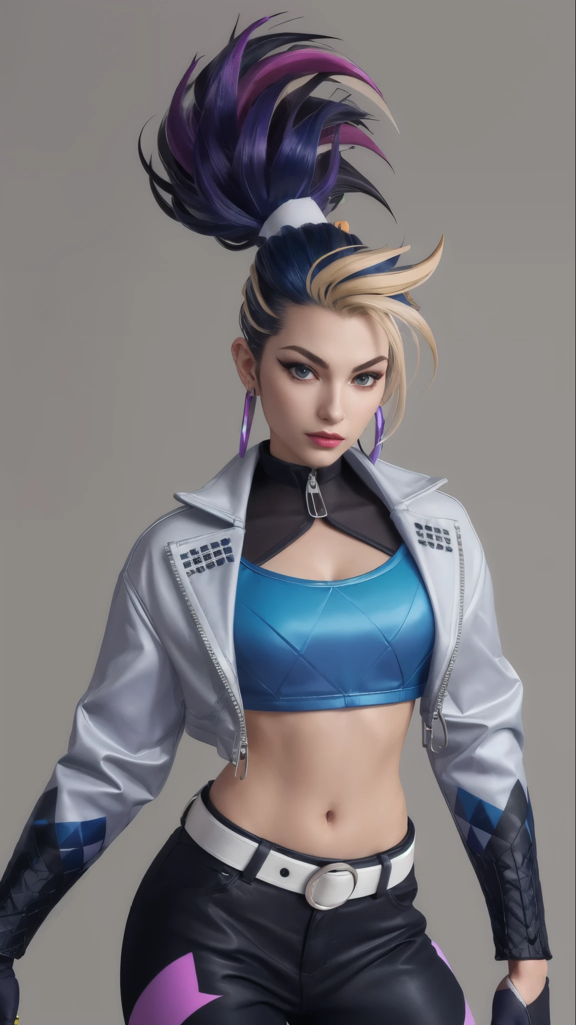 best quality,masterpiece,8k wallpaper,absurdres, highres, ultra detailed, (1 young beautiful girl, solo:1.1),k/da (league of legends), navel,fingerless gloves, cropped jacket,jacket, multicolored hair, samurai ponytail (loanword)ï¼belt, earrings, blonde hair, crop top, midriff, akali, makeup,purple hair, open jacket,two-tone hair, open clothes, blue eyes, lips, triangle earrings, belt buckle, black hair, breasts, black pants, hoop earrings, standing, blue gloves, blue hair, zipper,BREAK, looking at viewer