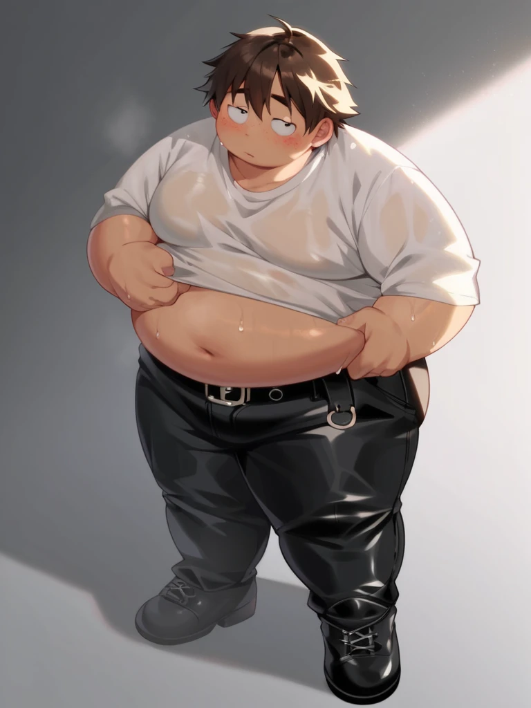 (androgynous), (boyish), chubby, (very short hair), (pudgy face), (thick), overweight, beefy, (cute), (little brat), (naughty brat), (belly button), Chubby body, Sweaty body, (Smelly body), (moobs), (ikemen), (Obese man like female breasts), (sexly),