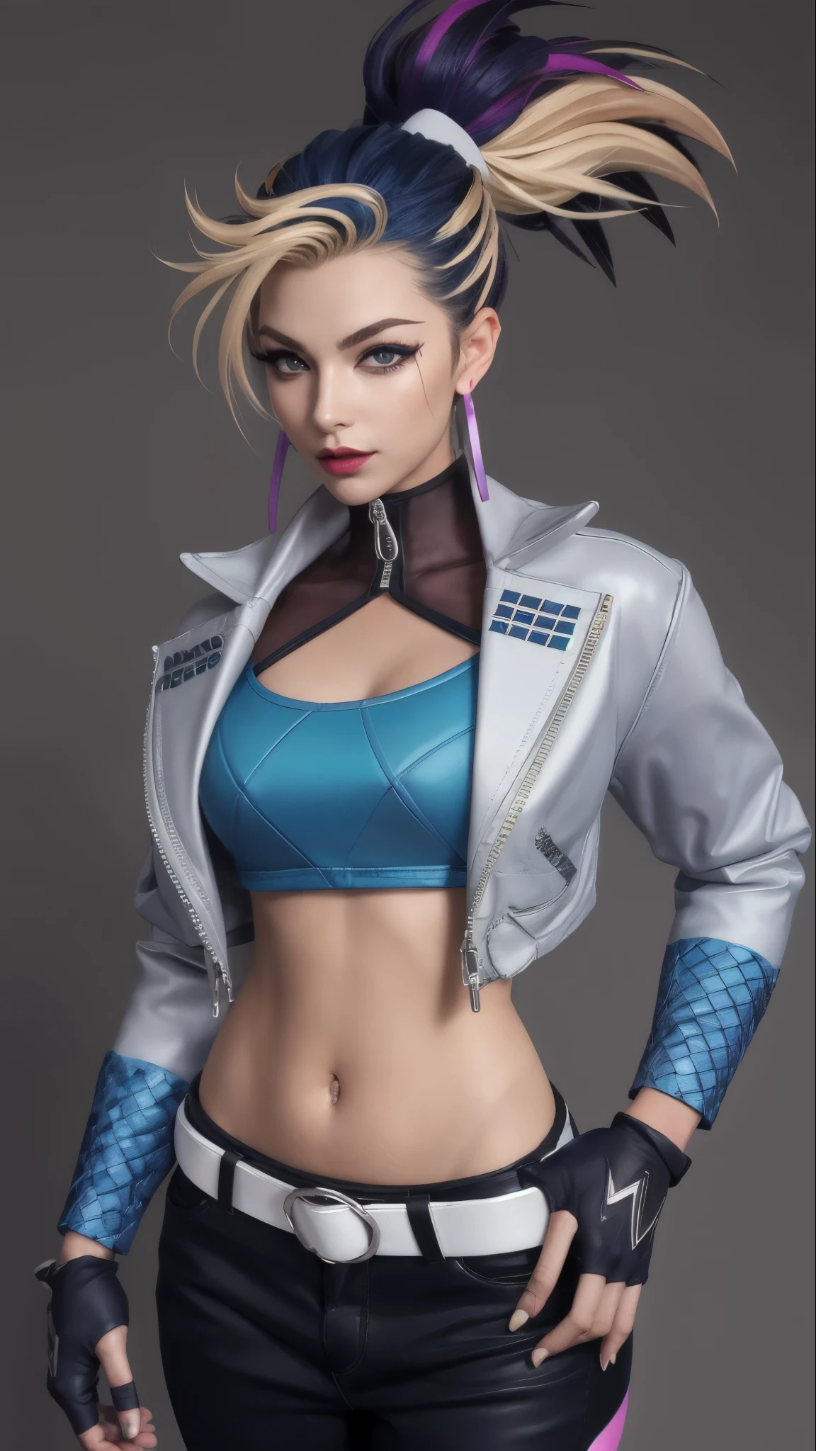 best quality,masterpiece,8k wallpaper,absurdres, highres, ultra detailed, (1 young beautiful girl, solo:1.1),k/da (league of legends), navel,fingerless gloves, cropped jacket,jacket, multicolored hair, samurai ponytail (loanword)ï¼belt, earrings, blonde hair, crop top, midriff, akali, makeup,purple hair, open jacket,two-tone hair, open clothes, blue eyes, lips, triangle earrings, belt buckle, black hair, breasts, black pants, hoop earrings, standing, blue gloves, blue hair, zipper,BREAK, looking at viewer