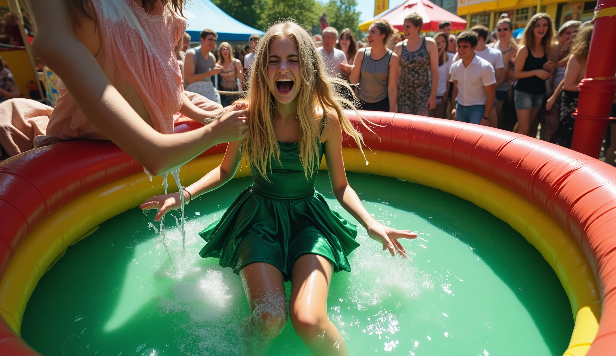 A photorealistic action shot of the moment when a girl who is being dunked in a carnival dunk tank is just beginning to sink into the water and her face first hits the water. The girl has long, blonde hair, is 18-years old and is wearing a green formal dress and high heels.