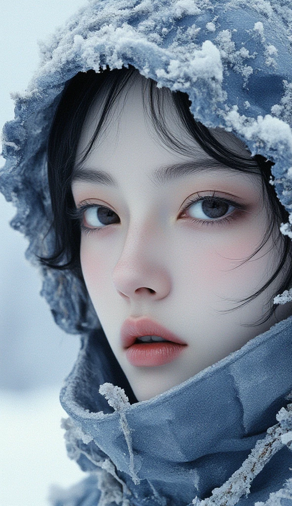 A beautiful woman in the world who is completely protected against the cold, The background is a silver world, very beautiful face , Clear Eyes, partially colored watercolor, face close-up , Art Deco, Minimalism, Ukiyo-e, UHD, retina, masterpiece, accurate, anatomically correct, super detail, high details, high quality, award winning, best quality, highres, 16k