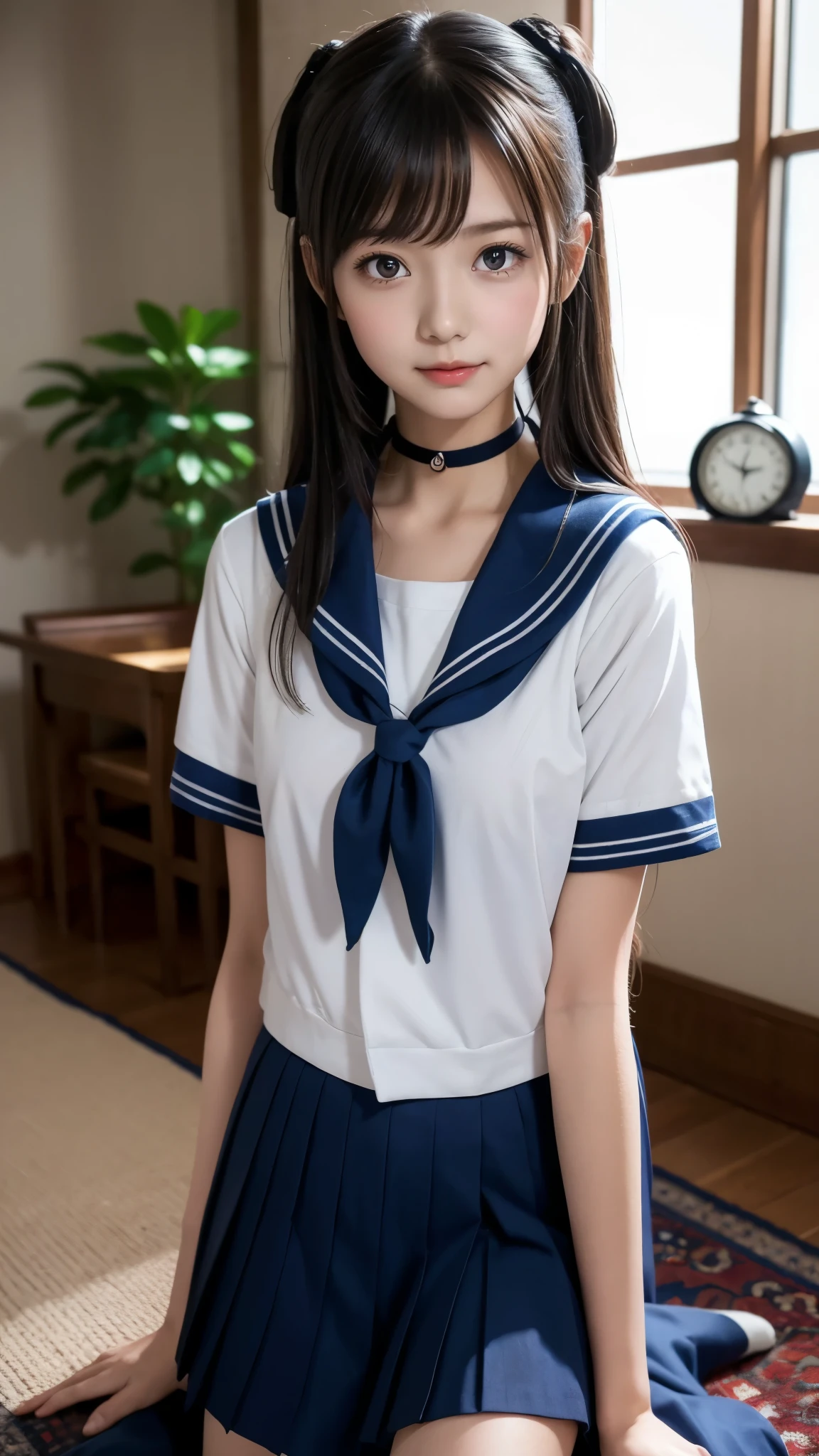 Arab Asian woman in sailor suit sitting on carpet, a super realistic high school girl , wearing Japanese School Uniform, cute high school girl, Sailor uniform, Japanese School Uniform, super realistic high school girl , Japanese High School Girls Uniforms , real-world anime girl , I'm leaving wearing my school uniform , BEAUTIFUL ANIME HIGH SCHOOL GIRL, loose coat collar Sailor uniform, JK uniform , beautiful bust line, ((())), ( detailed hands:1.3, perfect right hand:1.2, fine fingertips down to the smallest detail), slender body line, choker, top quality, best image quality, Masterpiece, photoreality , Ultra-high definition,