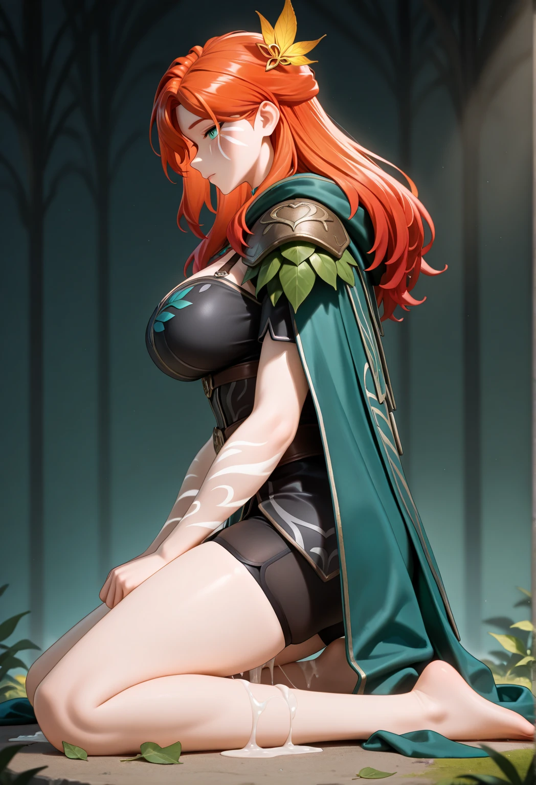Masterpiece , Best Quality , Absurd , newest, very beautiful , Amazing Quality , high resolution ,susceptible , 1girl, Solitary, mature_femele,
windranger , ginger the hair, 绿眼睛, medium boob, white face mark, freckle, long the hair, messy the hair,Green cloak , The barefoot, Translucent fluid flowing from the_hereinafter, Sat down, leges_Tattooed with, the hair_florals, Green cloak, shoulder armor , black shorts , leaf shoulder armor , black dress