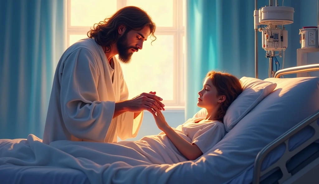 (photorealism:1.2), Handsome Jesus Christ, sitting on bed together with a sickness person holding their hand, the face of sickness person is visible, the light of his head and heart is sparkling all over, wearing the green color of beautiful king clothes, the light in his head and heart is sparkling, nice hair, indoors, soft lighting, hospital of bed ridden in the background, window with sunlight, cozy room, relaxed pose, realistic, intricate details, warm colors,