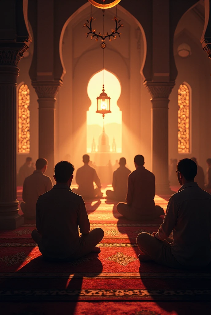 Ten men in underwear, praying on their knees on carpets, with Islamic caps on their heads.