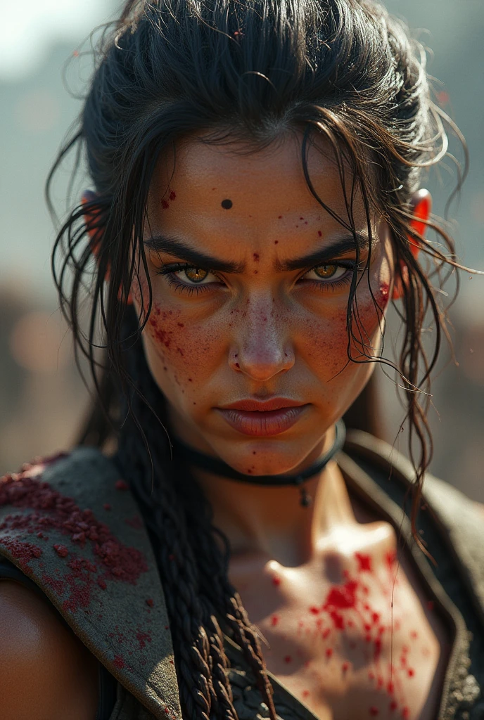 Cute young Helen Skelton, 2000AD's Rogue Trooper, close-up action shot from ground level, naked genetic infantryman, naked, swearing, sweating, damp hair, bloodied and bruised, on a bloody battlefield, explosion, fire
