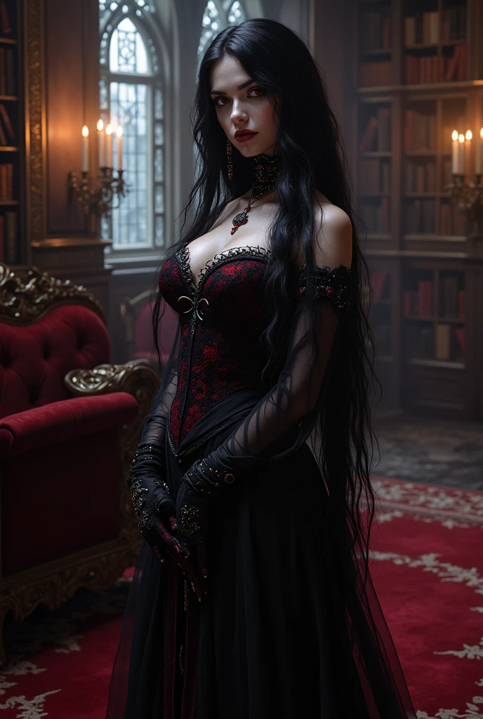A succubus queen of hell, sitting on a throne of gold and ornaments, wearing a long red hellish dress, with gold details, neckleace, lace gloves, with long, loose black hair, red skin color, horns on head, horns curved backwards, gorgeous eyes, Eyes red, make-up, facial-symmetry, seductive mouth, curves, fire in the background, dramatic lighting, Gothic aesthetic. ultra realisitic, extremely details, focus on character, nblurry background.