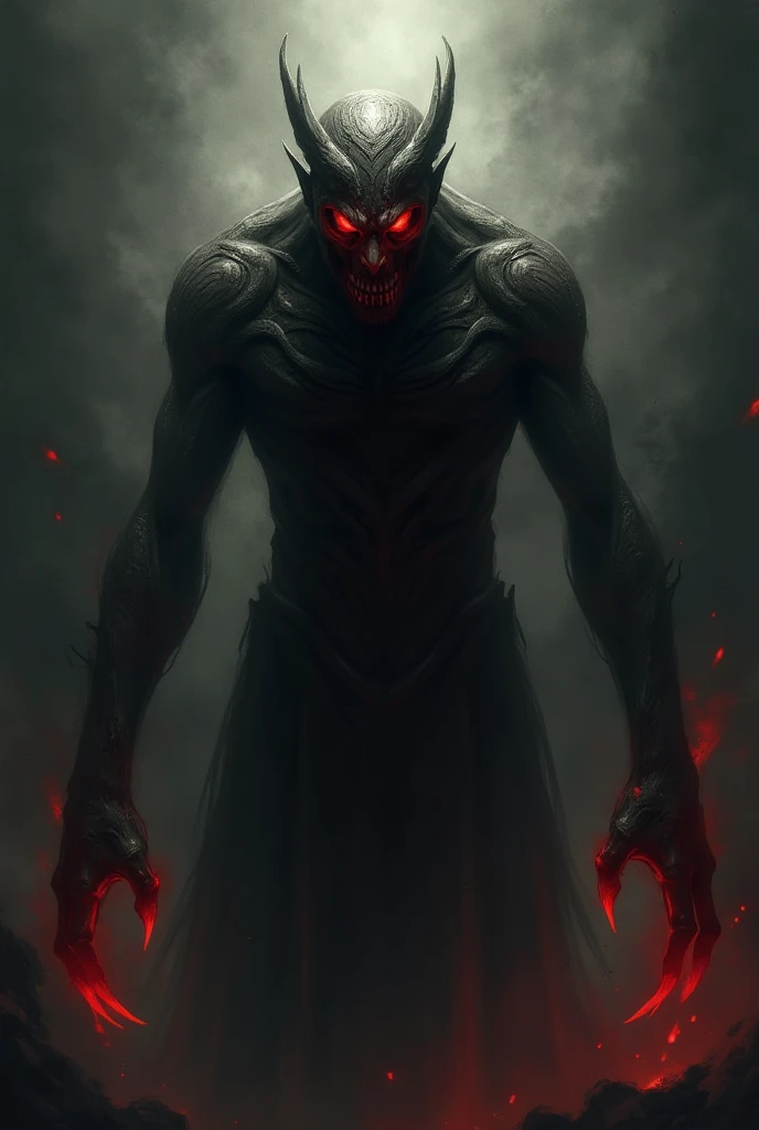 a close up of a demonic creature with chains on his neck, dark supervillain, the reaper as a scary, dark fantasy horror art, in a menacing pose, inspired by Aleksi Briclot, style of raymond swanland, fantasy horror art, inspired by Raymond Swanland, muscled humanoid balrog demon, horror fantasy art, menacing look