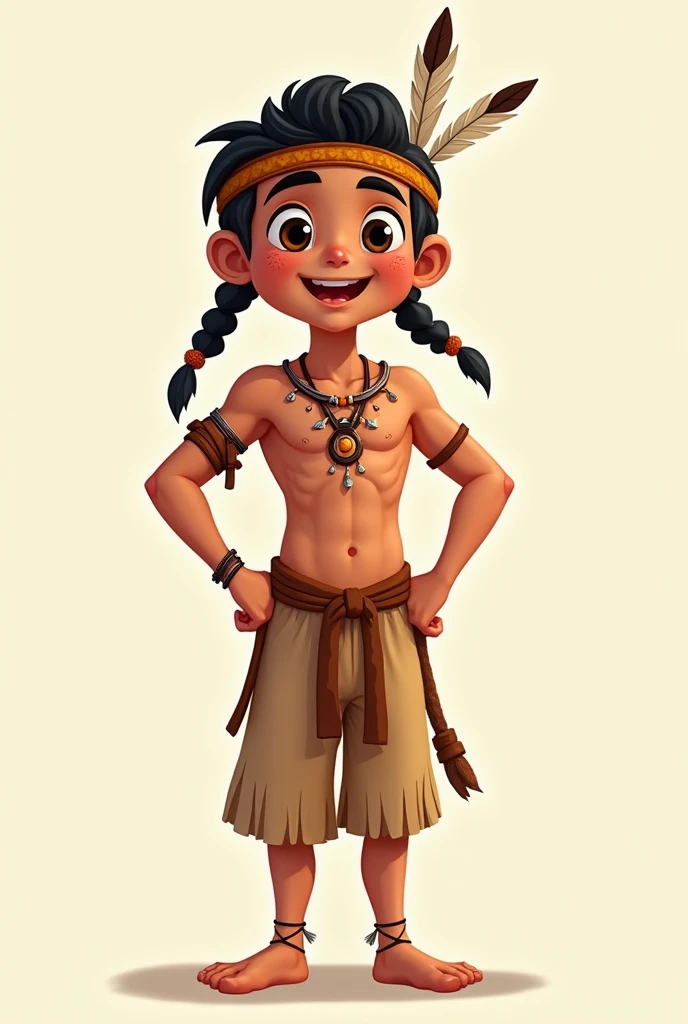 A dark-skinned boy with red lines on his face and a red band on his head,of cheerful expression,wearing loincloth , with a cartoon art style,comic