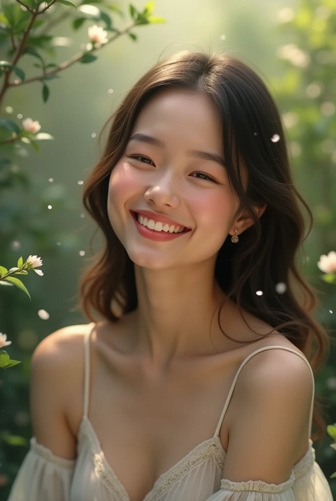 Highest image quality, outstanding details, ultra-high resolution, (realism: 1.4), ((close up:0.75)), highly condensed 1 Japanese lady, beautiful and a delicate face, smile, perfect proportion, (stand up straight, chubby:0.5, small breasts), (hairstyle short ponytail ), (cloths color base ratio white:0.7 other-color:0.1), (wearing White sleeveless beautiful dress, holding a sunflower ), captain, background green forest, (lightning cinematic lightning, Lady's contour shines in the backlight)