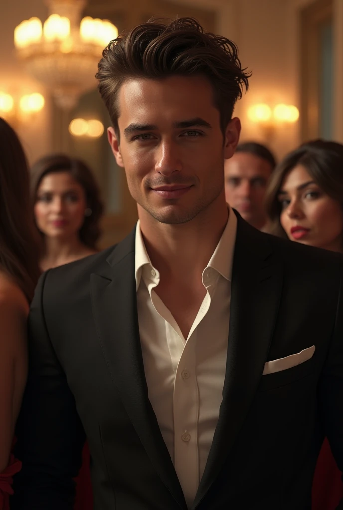 Illustrious Erik Schneider, a charismatic man with an athletic build, tousled dark brown hair and piercing blue eyes, standing at a corporate event. He is dressed in a sharp, tailored suit that accentuates his physique, with the top buttons of his shirt unbuttoned, revealing a hint of his toned chest. His expression is confident and slightly seductive as he holds a glass of champagne, interacting with others in the room. The setting should be a luxurious ballroom with dim lighting and elegant decor. Do not cut even one part of the body.