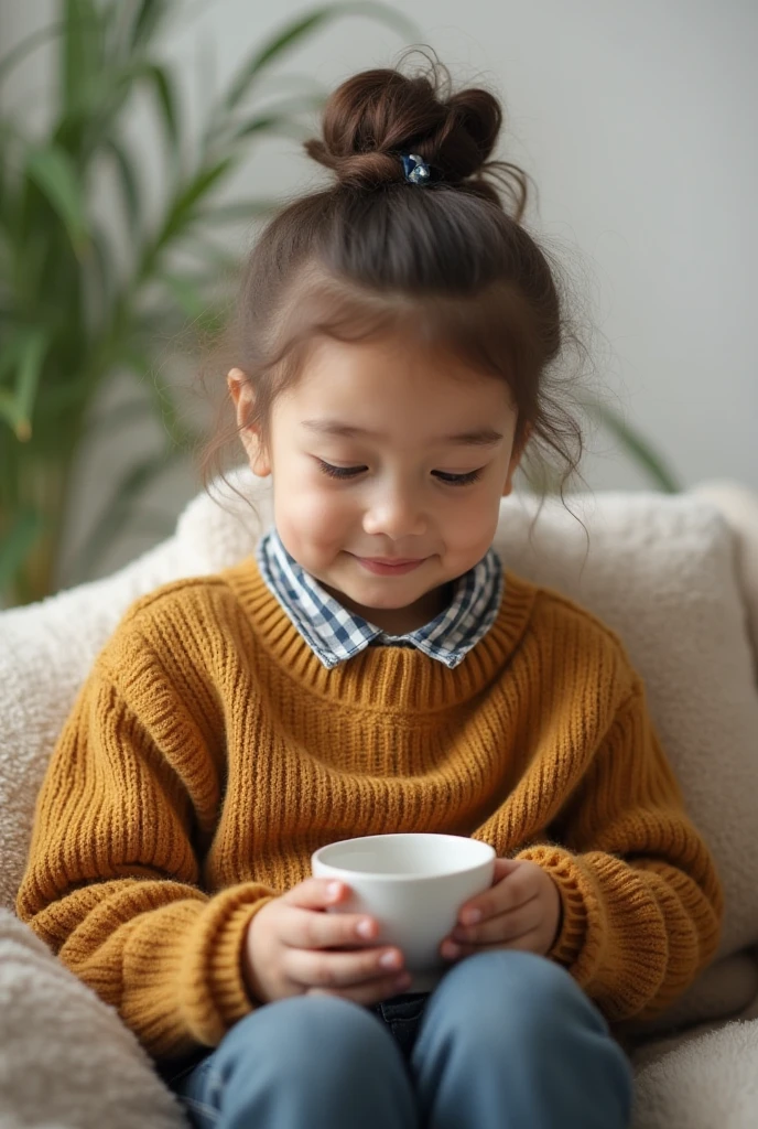 cinematic photo style by Henri Cartier-Bresson, 1 fourteen-year-old girl crochetes knitted toys while sitting in a chair, portrait, against the background of a white wall of children's drawings and a window, there is a white mug full of tea on a wooden table, books, film, bokeh, professional, 4k, highly detailed,