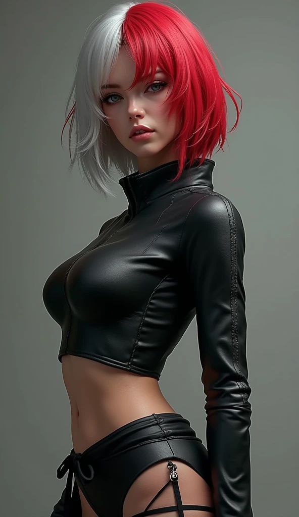 Gorgeous european woman with short hair, wet hair, hair slicked back, combed straight back, slick hair, streaked auburn hair, seductive pose, karen gillan, dressed as an anime character, cleavage, solid dark grey background