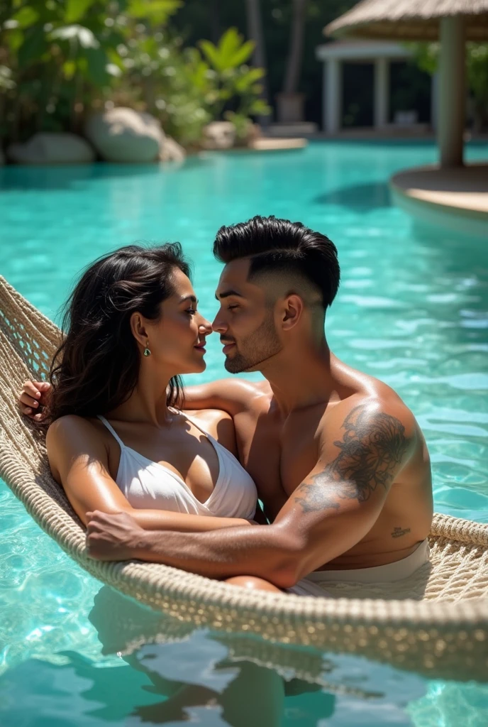 Couple hugging handsome man white blond blue eyes, thick lips, black shaved hair with a fade cut, graduated beard, Muscular body with tattoo accompanied by Beautiful woman with wavy black and purple hair and dark eyes, perfect makeup with accessories in their hands and a necklace with the name AineV both in white clothes on a beach sitting on a stone 