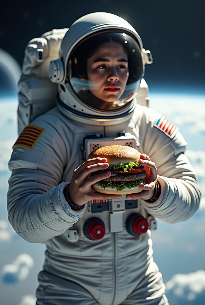 An astronaut eating a hamburger with her belly hanging out